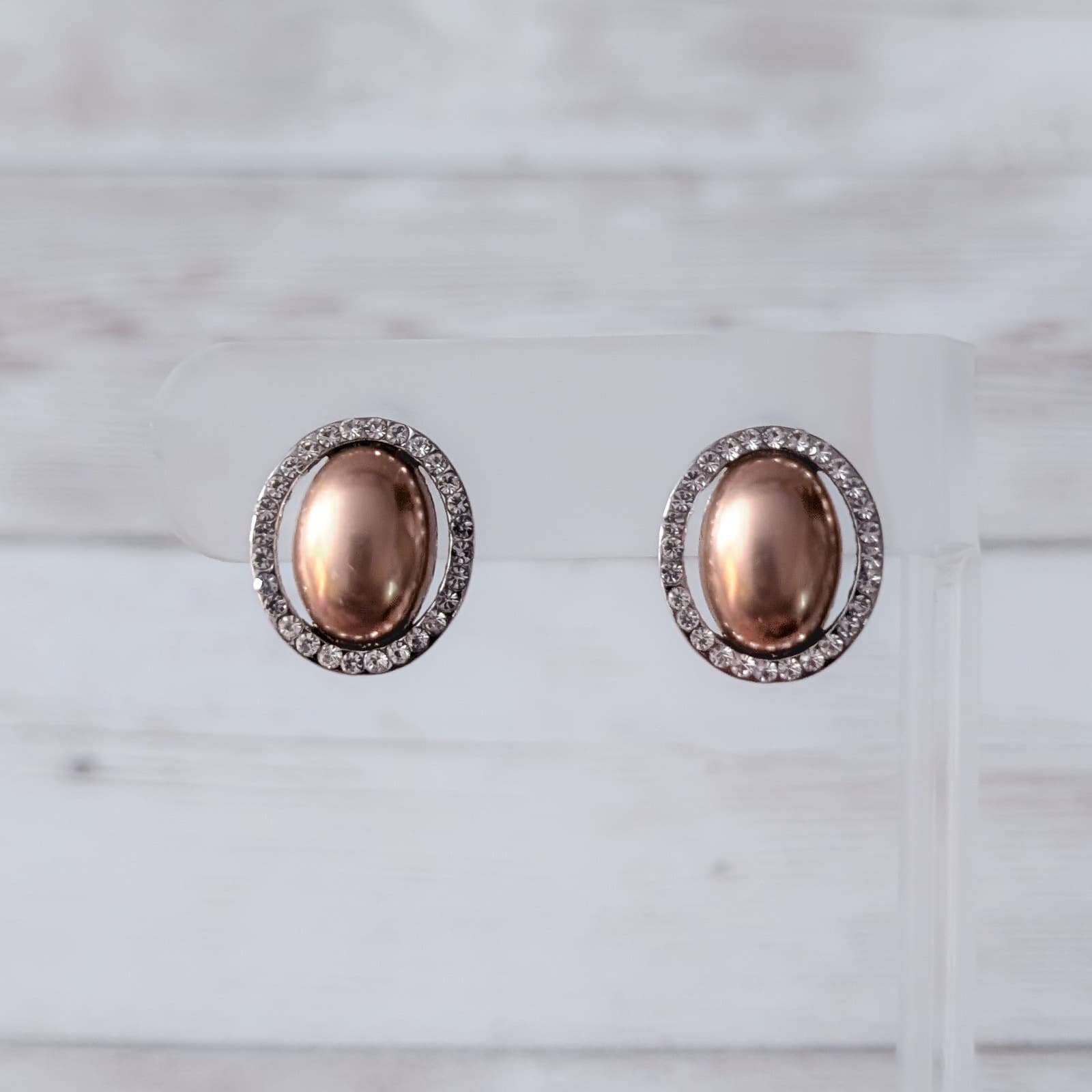 Vintage Clip On Earrings Metallic Tone Center with Clear Gem Halo Elegant