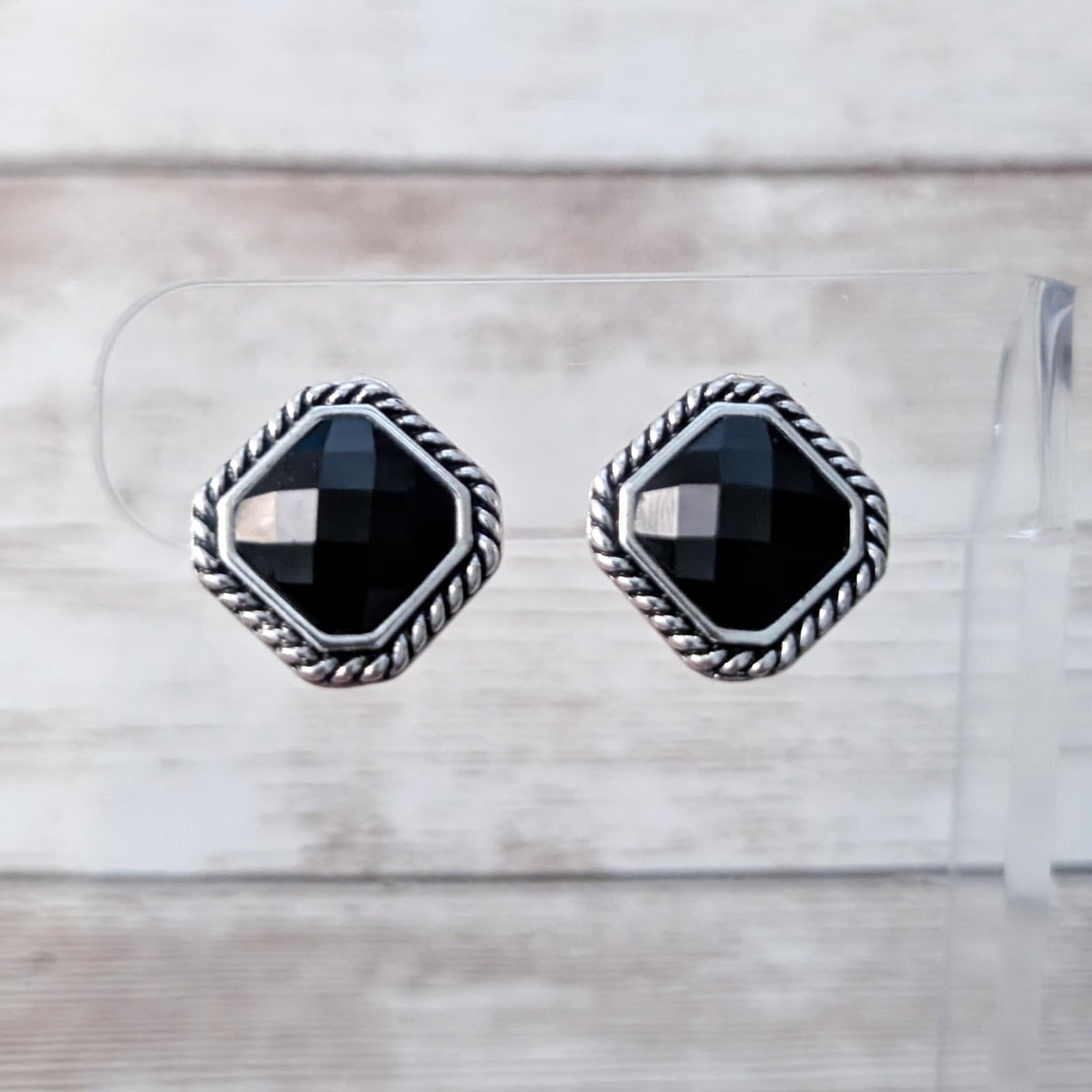 Vintage TJC Clip On Earrings Black & Silver Tone