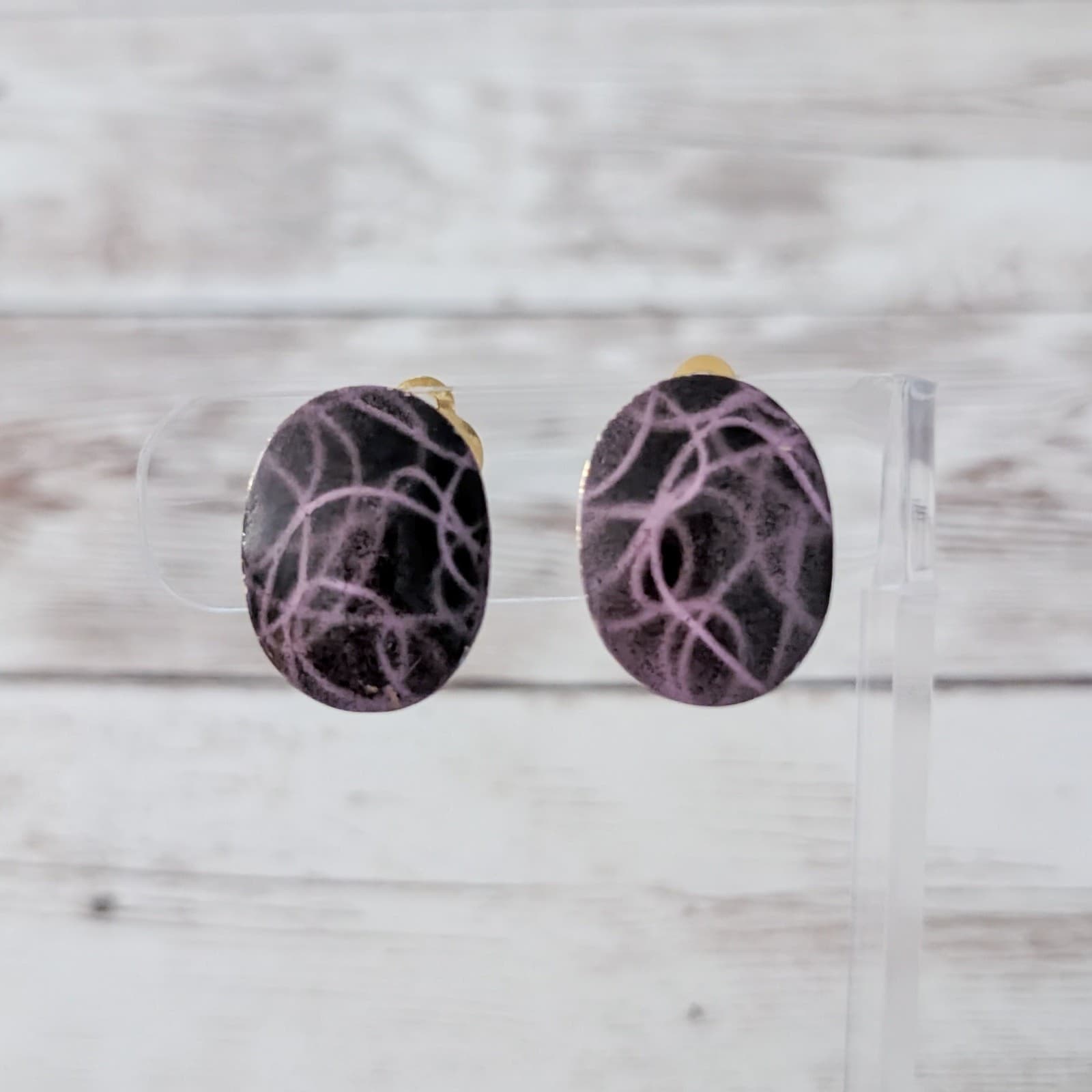 Vintage Clip On Earrings Black Oval with Mauve Design