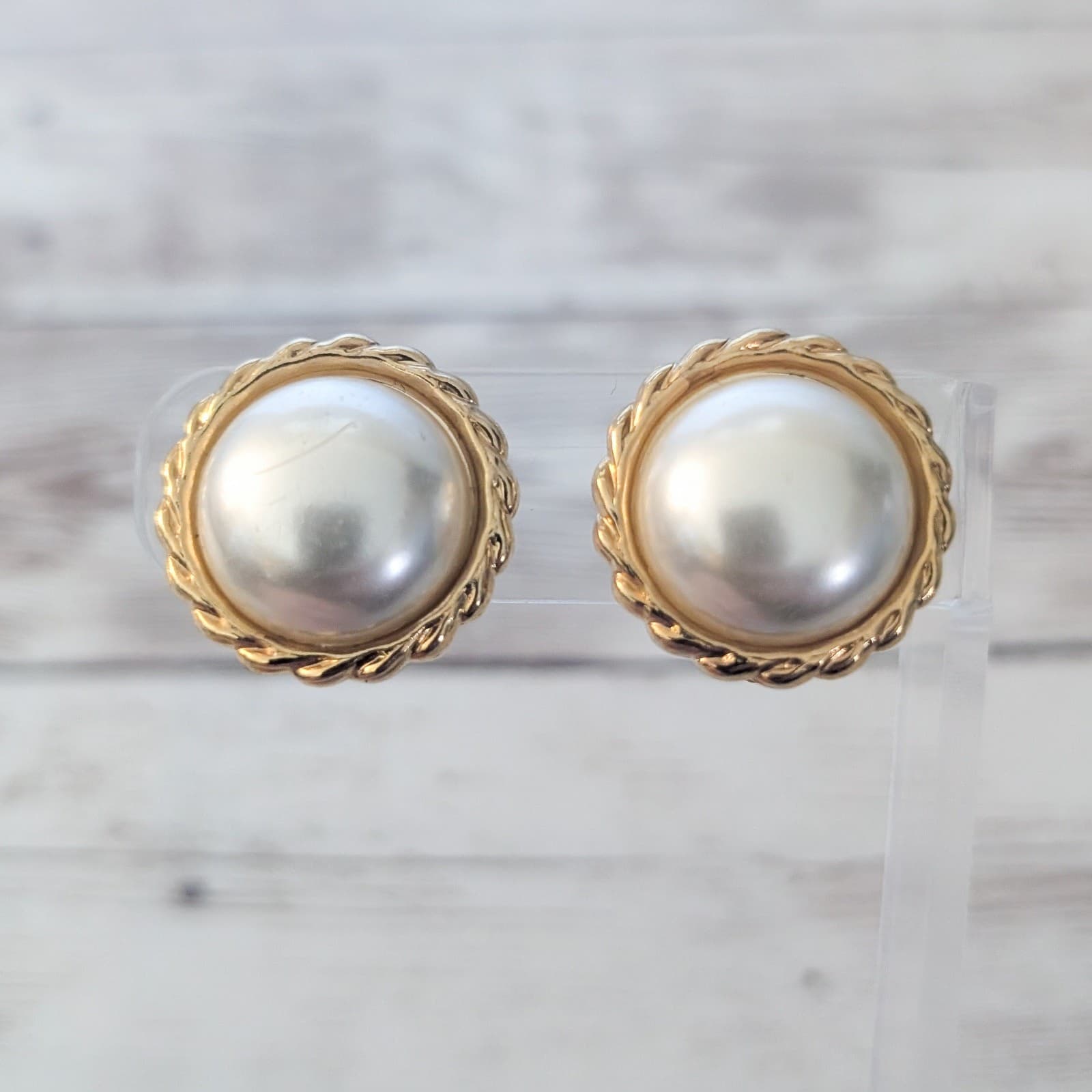 Vintage Clip On Earrings 7/8" Faux Pearl with Stylish Gold Tone Halo