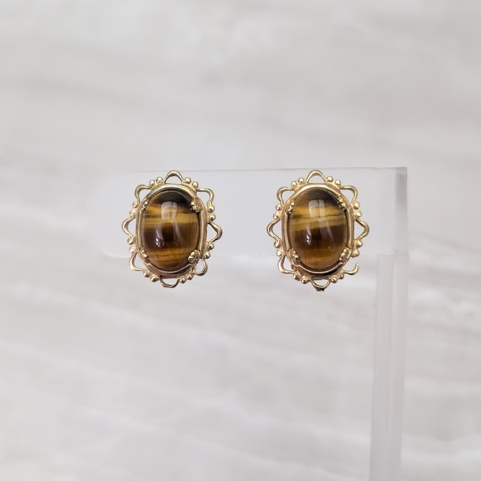 Vintage Clip On Earrings Tigers Eye with Ornate Halo Brown & Gold Tone Earrings