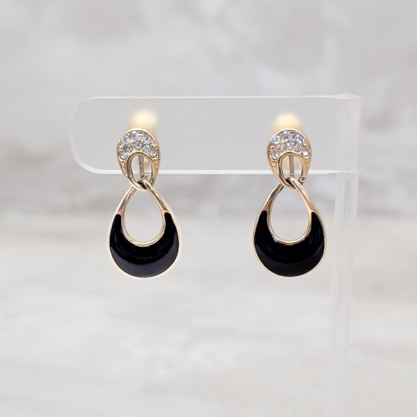 Vintage Clip On Earrings Stylish Gold Tone with Black Enamel & Clear Gems