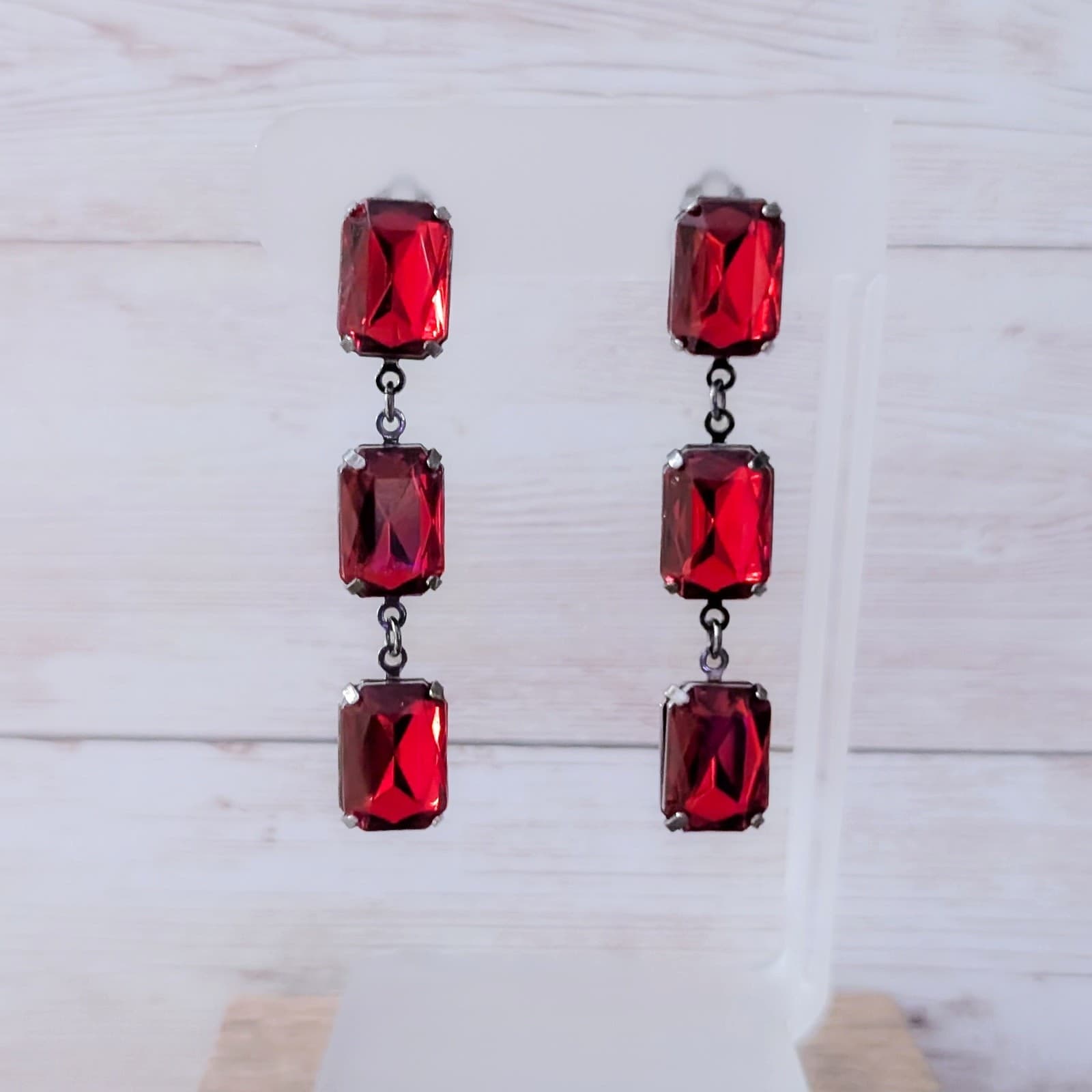 Vintage Clip On Earrings Light Weight Red Trio Dangle Regal Elegant
