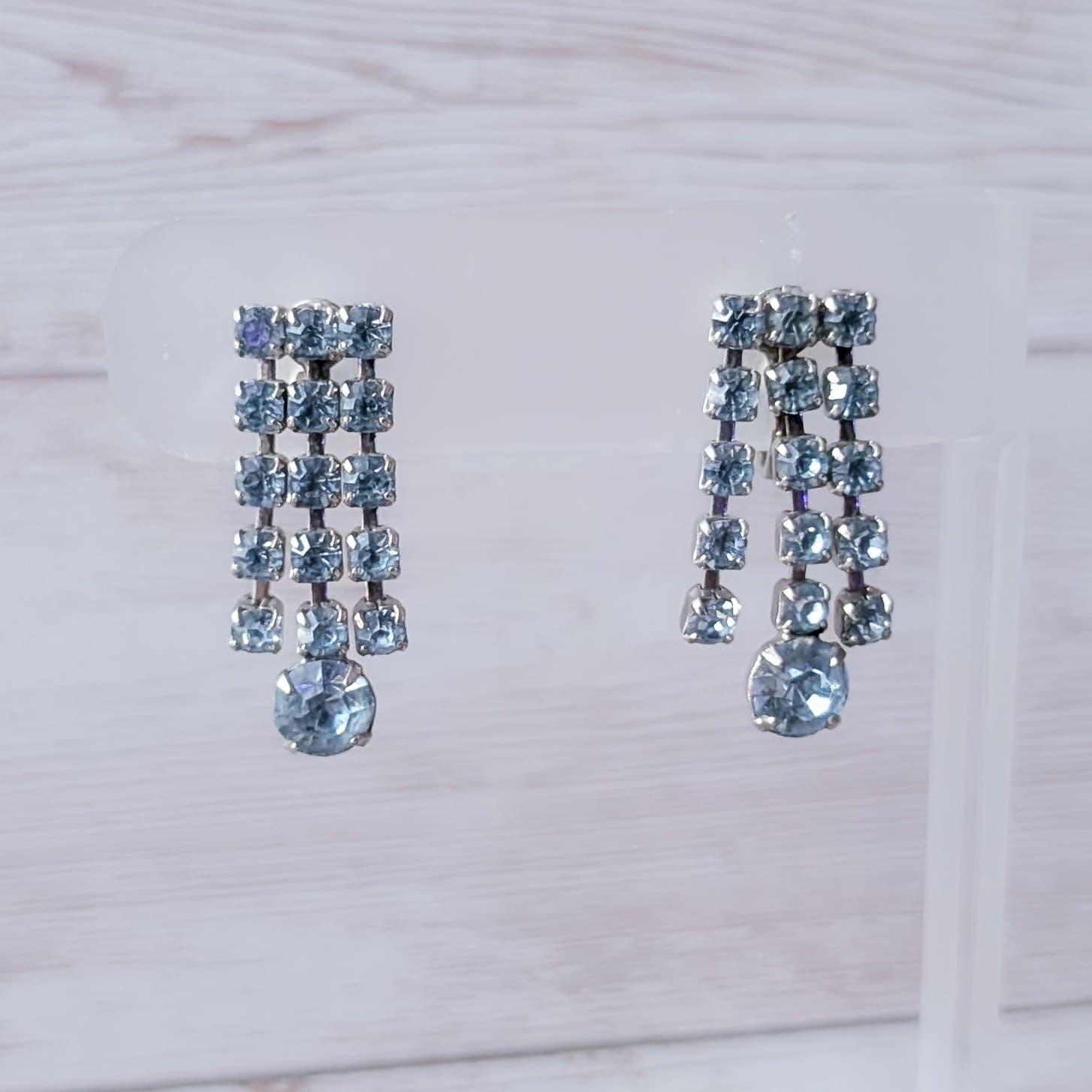 Vintage Screw On Earrings Light Blue Gems Three Row Dangle