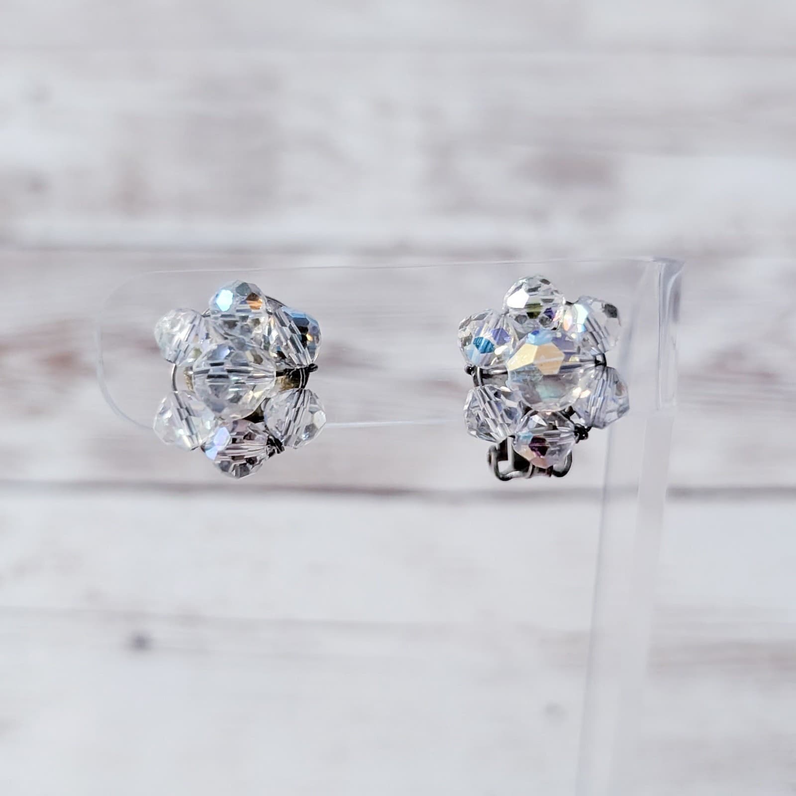 Vintage Clip On Earrings Clear Beads with Slight Iridescence