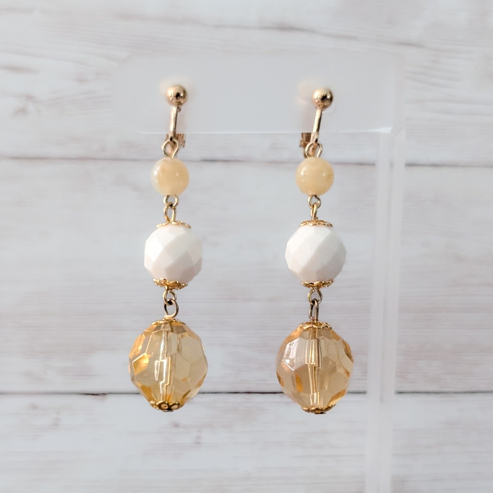 Vintage Clip On Earrings Pale Orange-ish, White, Gold Tone Long Statement Dangle