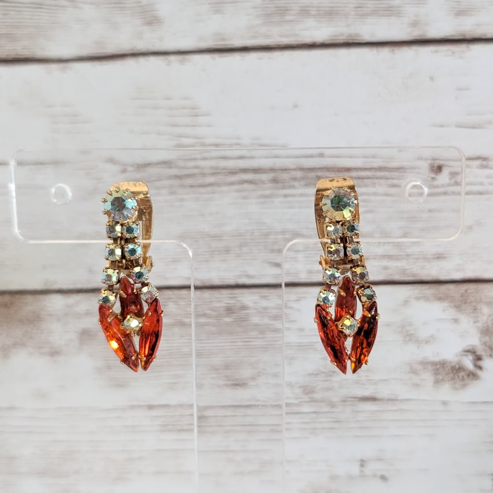 Vintage Clip On Earrings - Unusual Statement Orange & Iridescent Gems