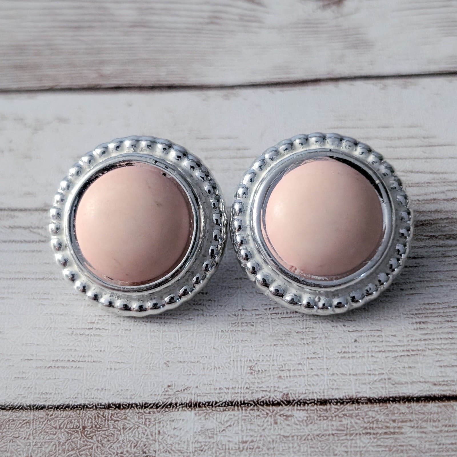 Vintage Clip On Earrings Light Pink Center with Silver Tone Halo