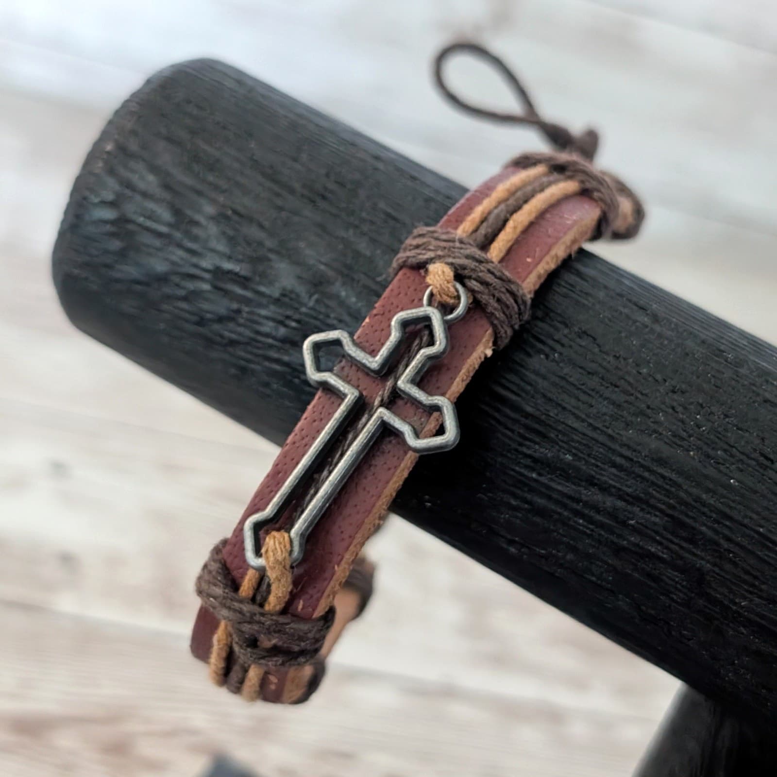 Leather? Tie Bracelet with Cross Charm