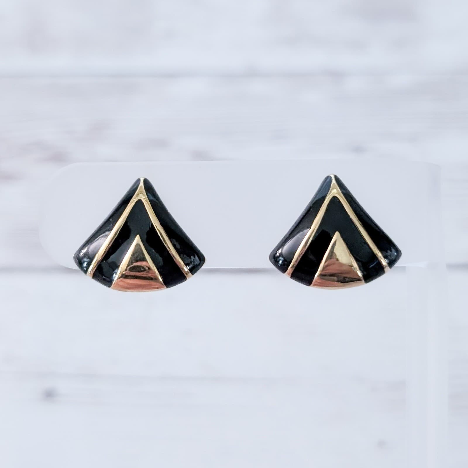 Vintage Avon Clip On Earrings Stylish Black & Gold Tone Triangular 5/8"