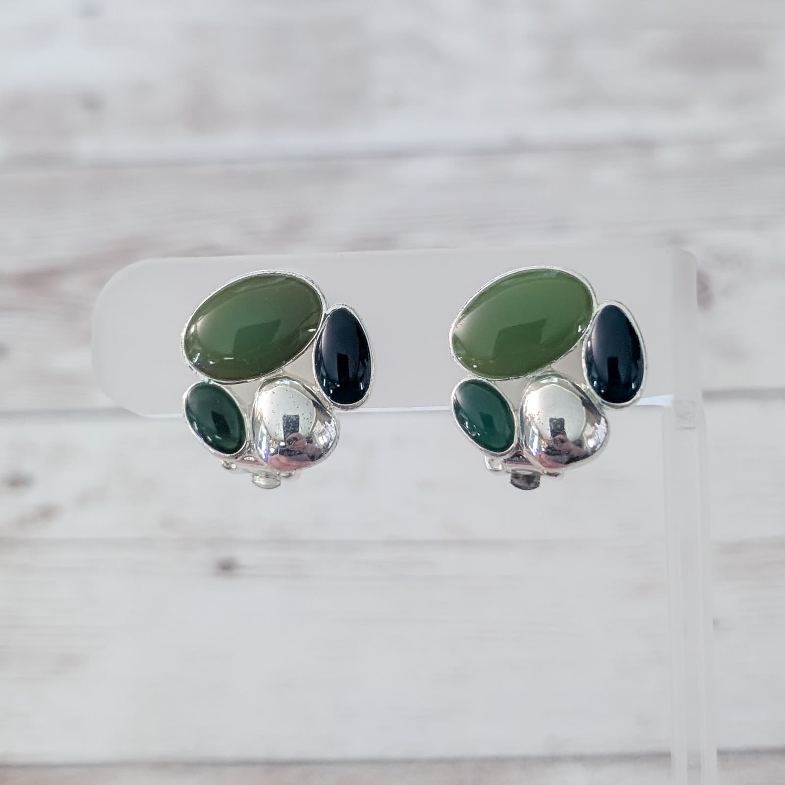 Vintage Clip On Earrings Silver Tone & Shades of Green