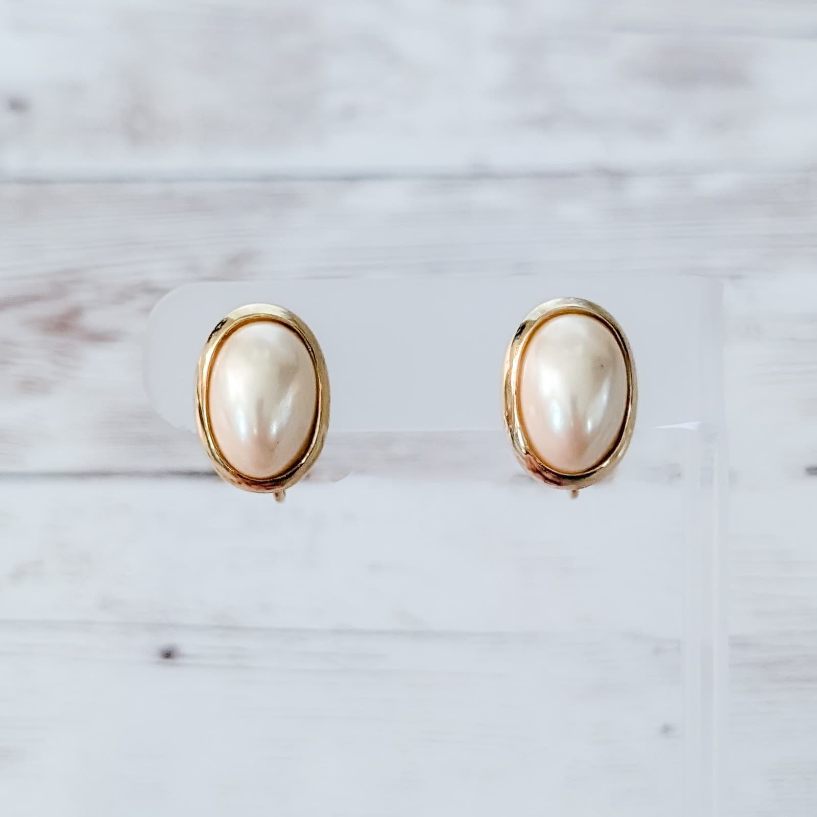 Vintage Clip On Earrings Stylish 0.75" Domed Faux Pearl Oval with Gold Tone Halo