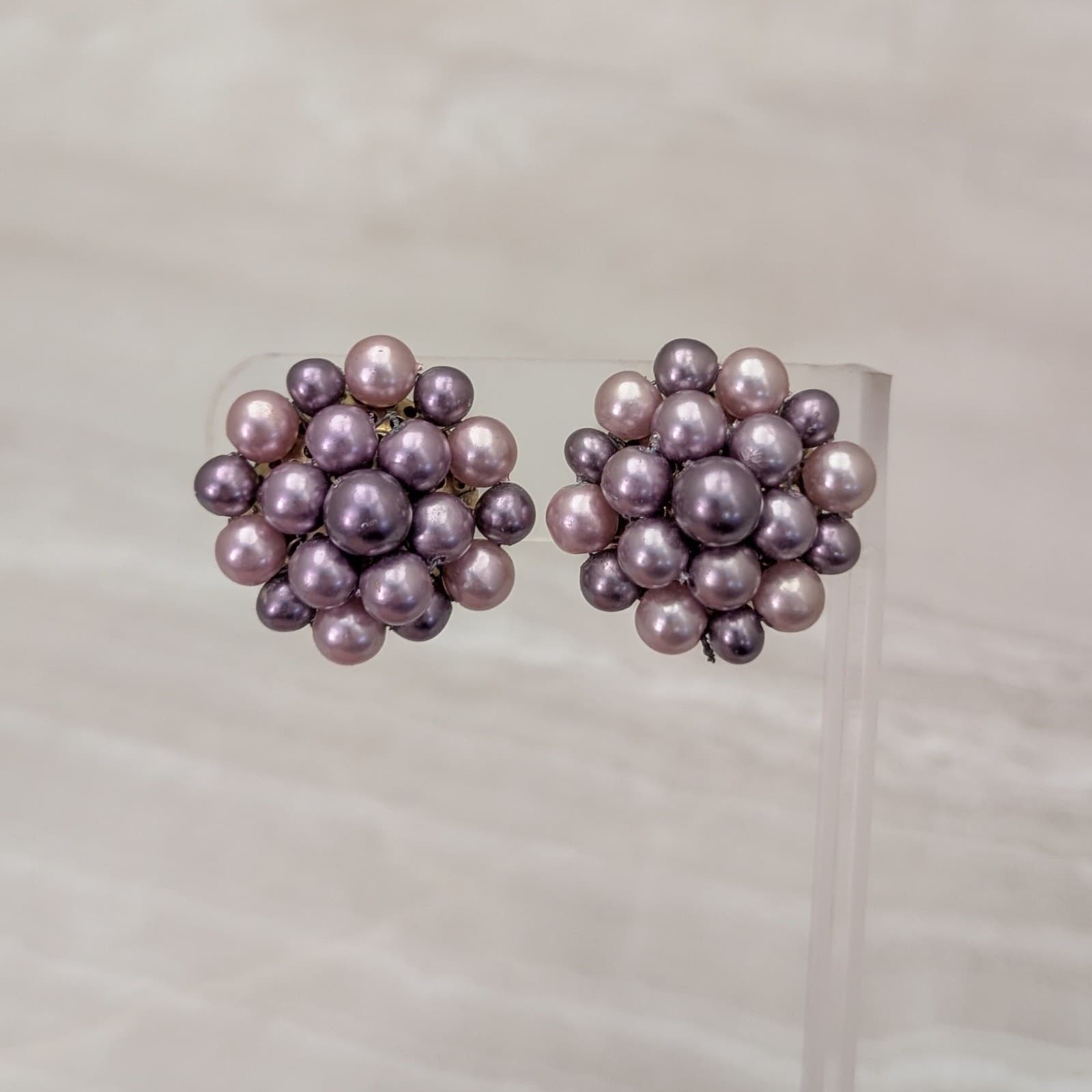 Vintage Clip On Earrings 1" Purple Tones Cluster Style Stylish Retro Japan