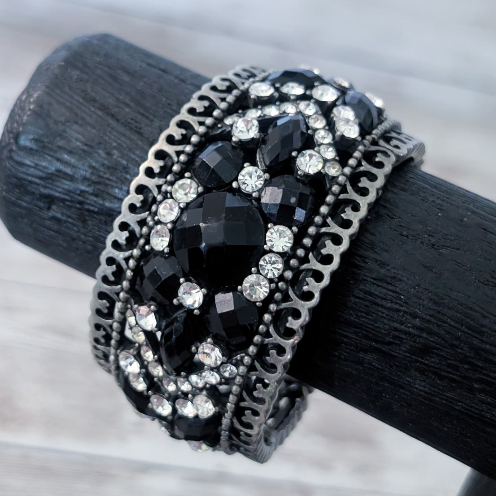 Vintage Chunky Cuff Bracelet Black & Clear Gems