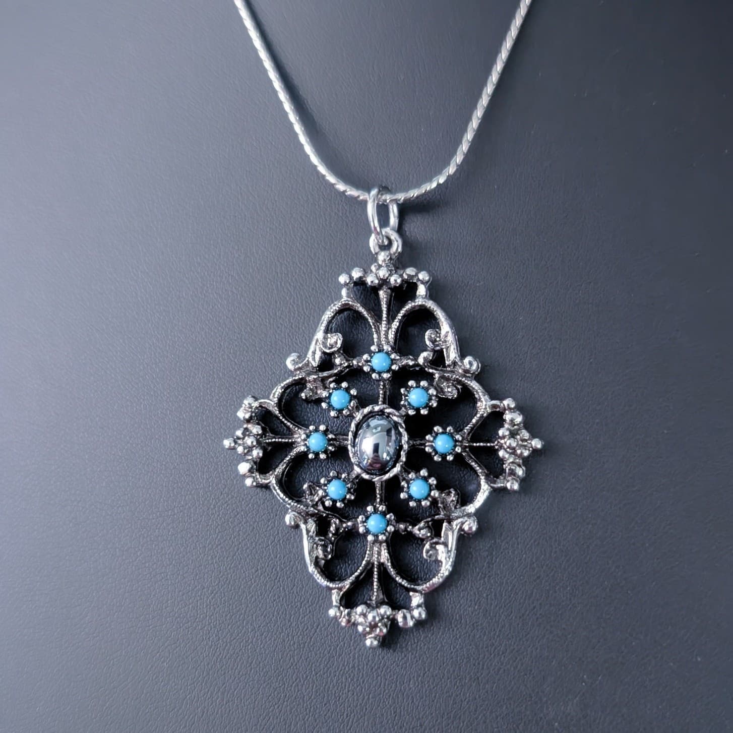 Vintage Avon Mirabella Necklace 1974 Silver Tone Faux, Turquoise & Hematite 24"
