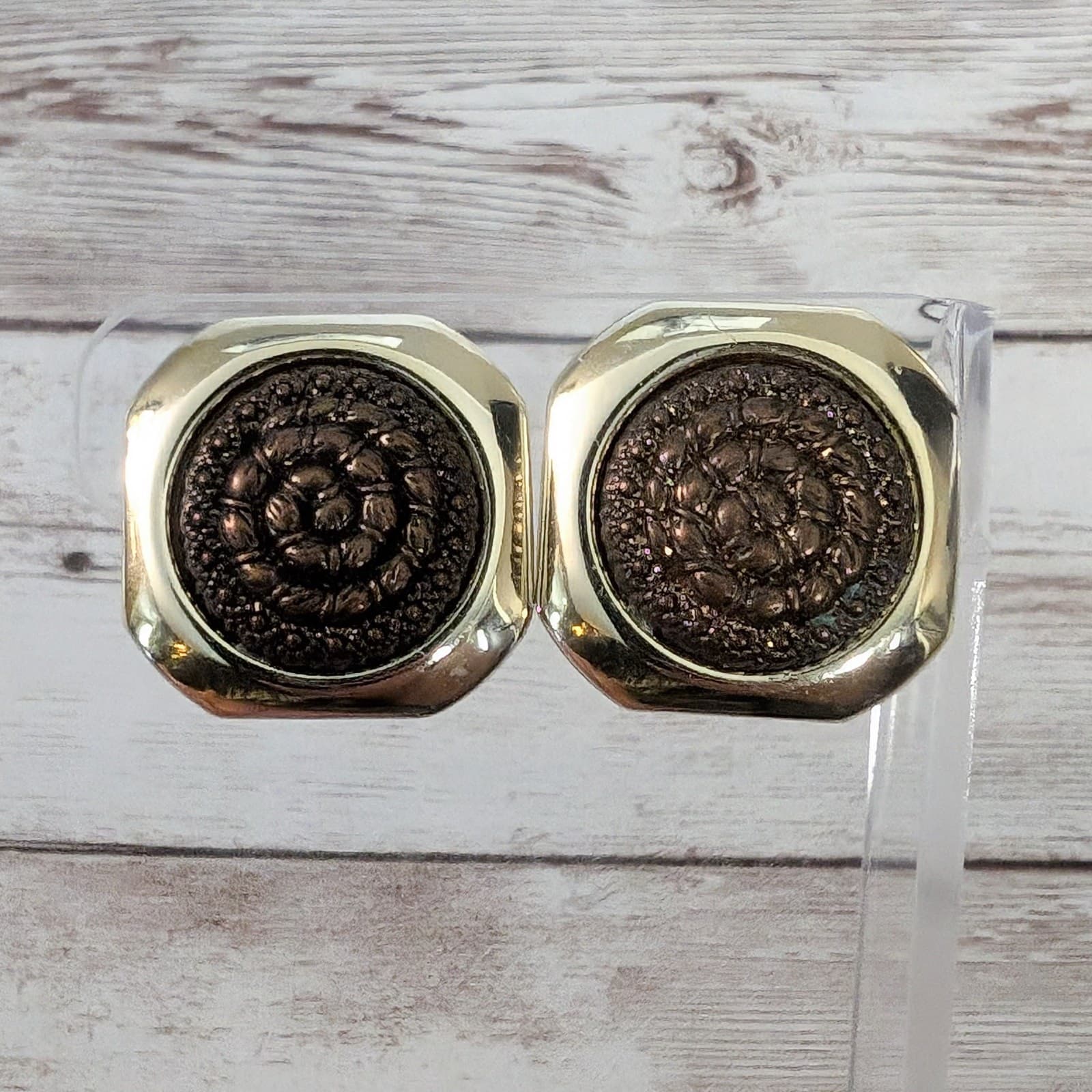 Vintage Clip On Earrings Large Gold Tone and Brown Unusual Statement