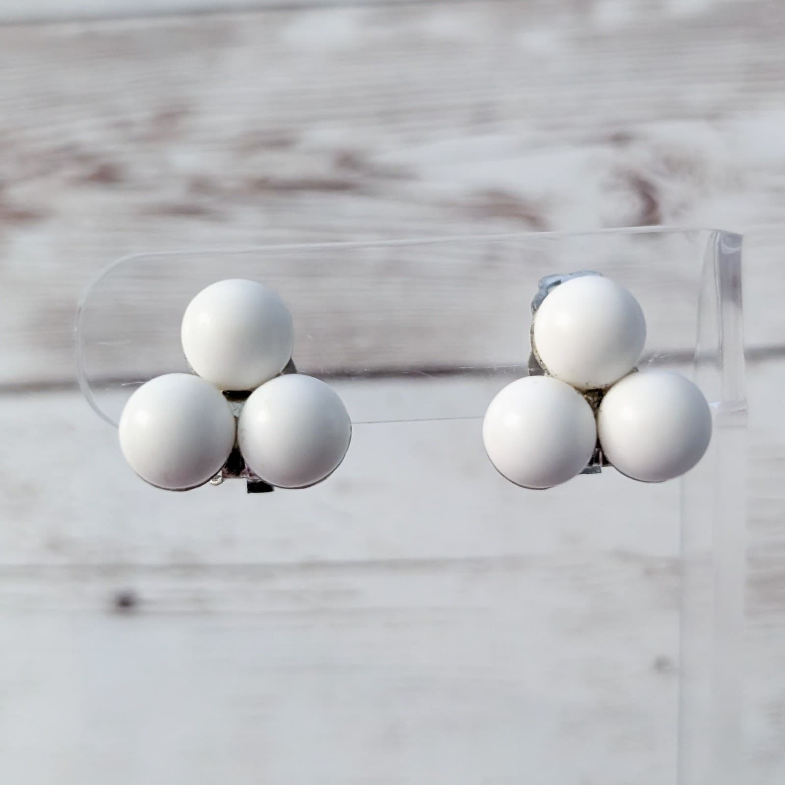 Vintage Clip On Earrings Retro Off White Ball Trio