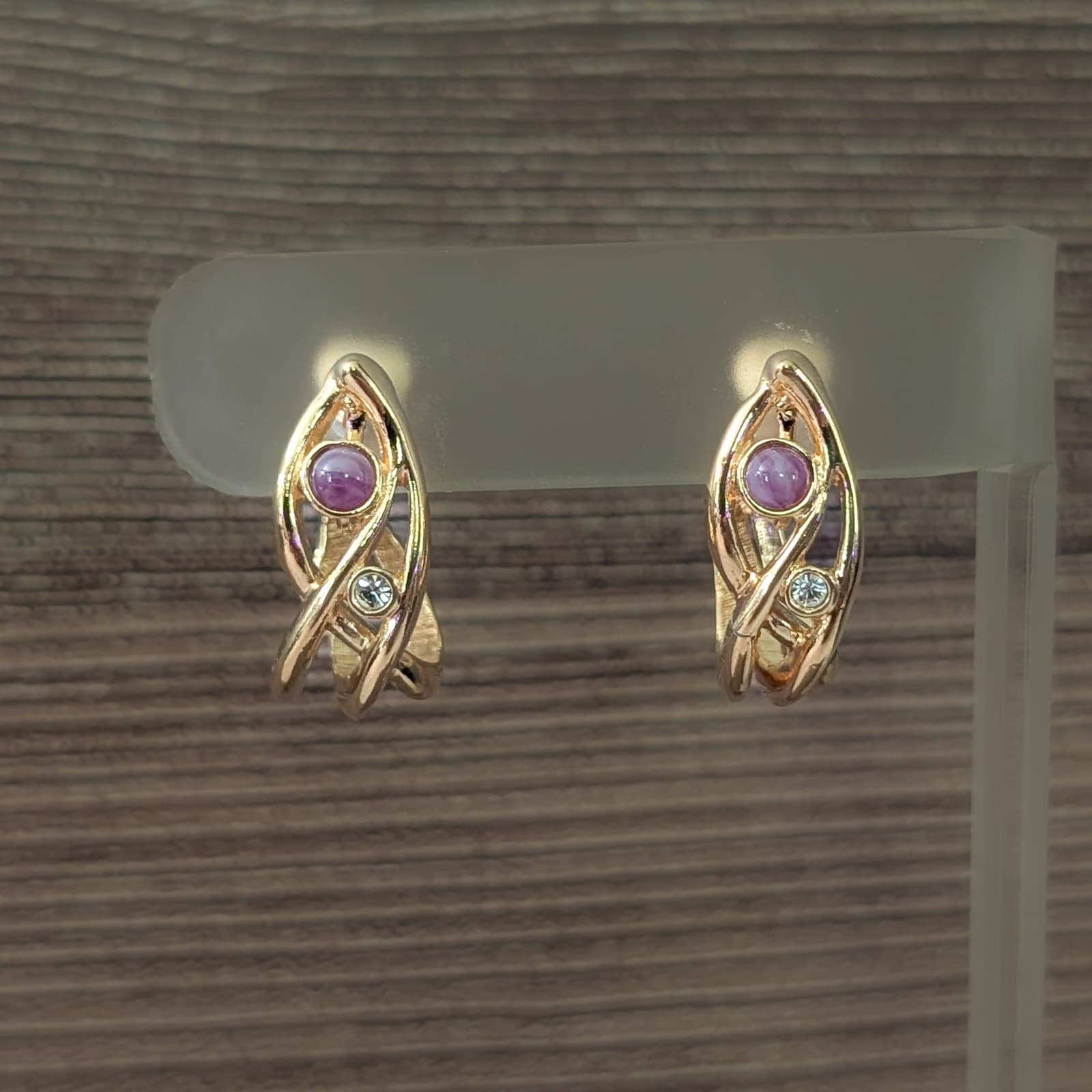Vintage Clip On Earrings Gold Tone With Clear & Purple Accents Statement