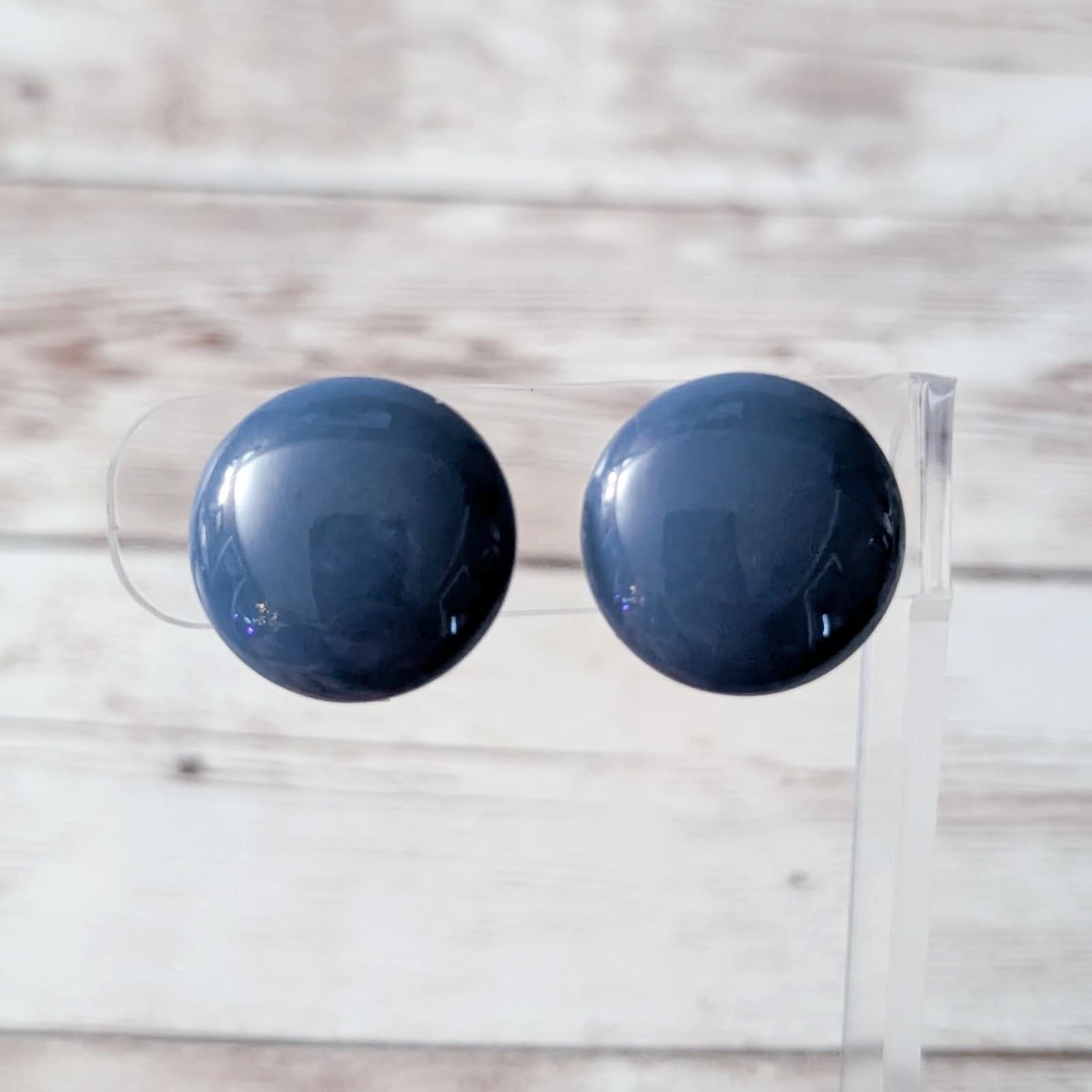 Vintage Clip On Earrings Just Over 0.75" Dark Blue Domed Circle Retro