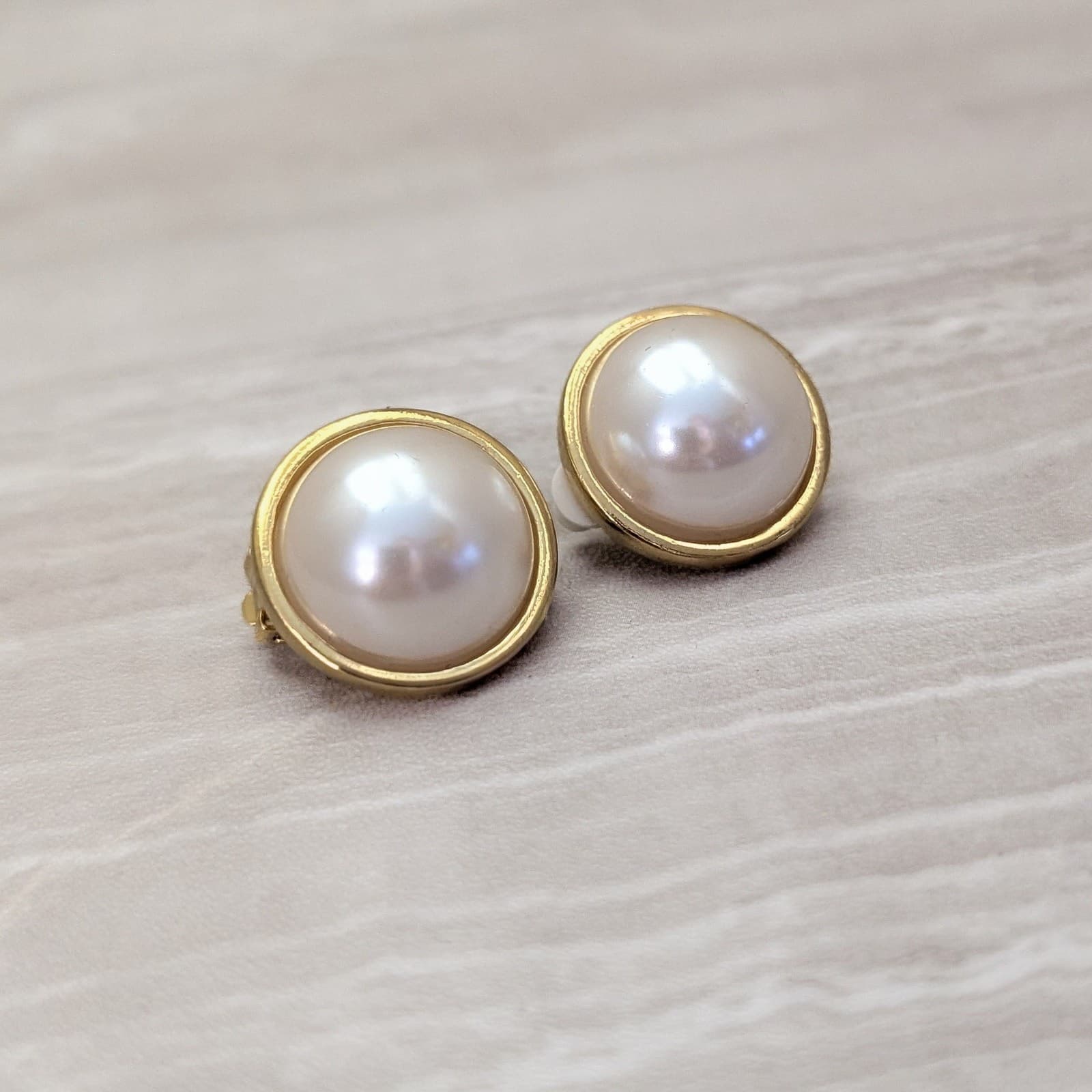 Vintage Clip On Earrings Statement Domed Faux Pearl with Gold Tone Halo Large