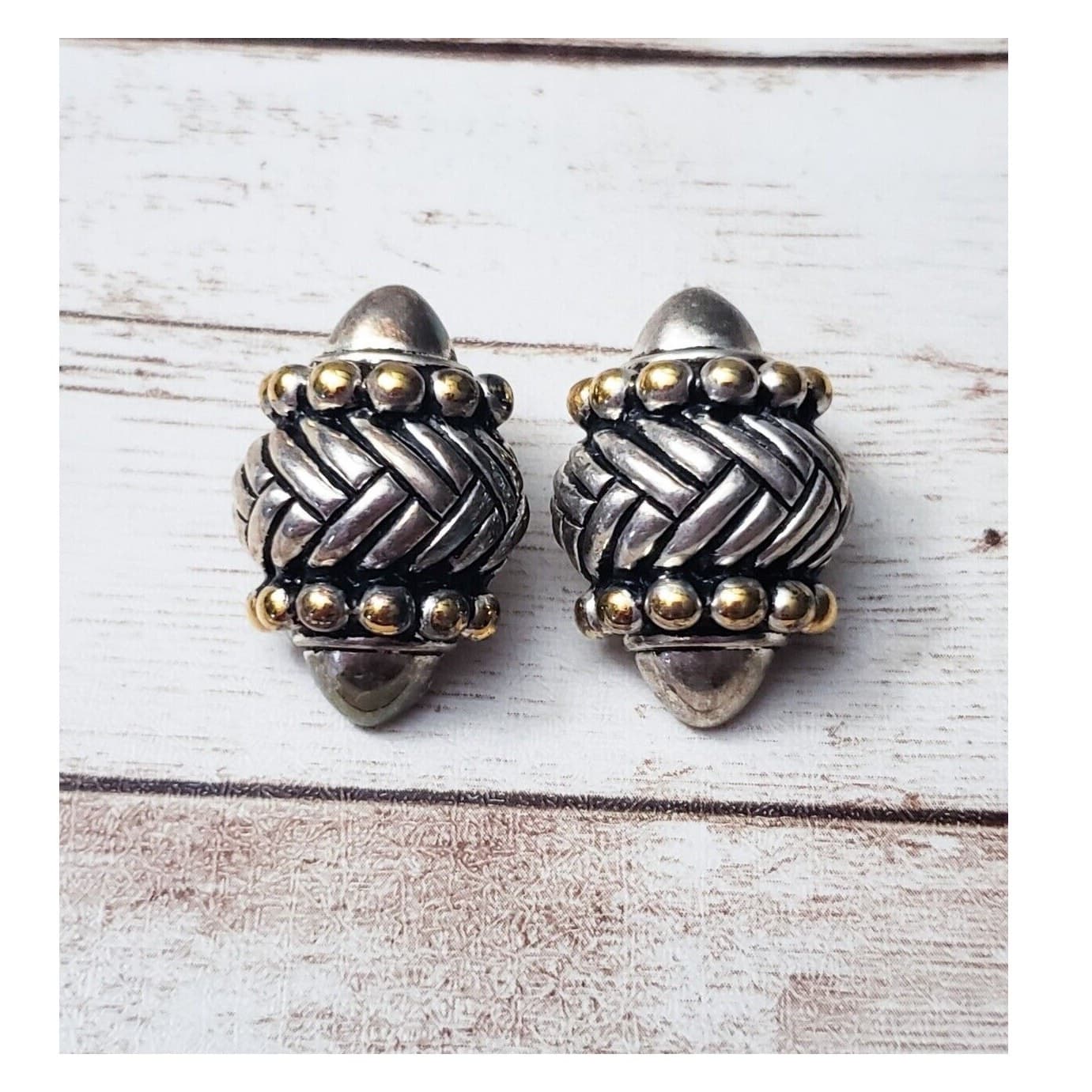 Vintage Clip On Earrings - Chunky Silver Tone with Gold Tone Detail