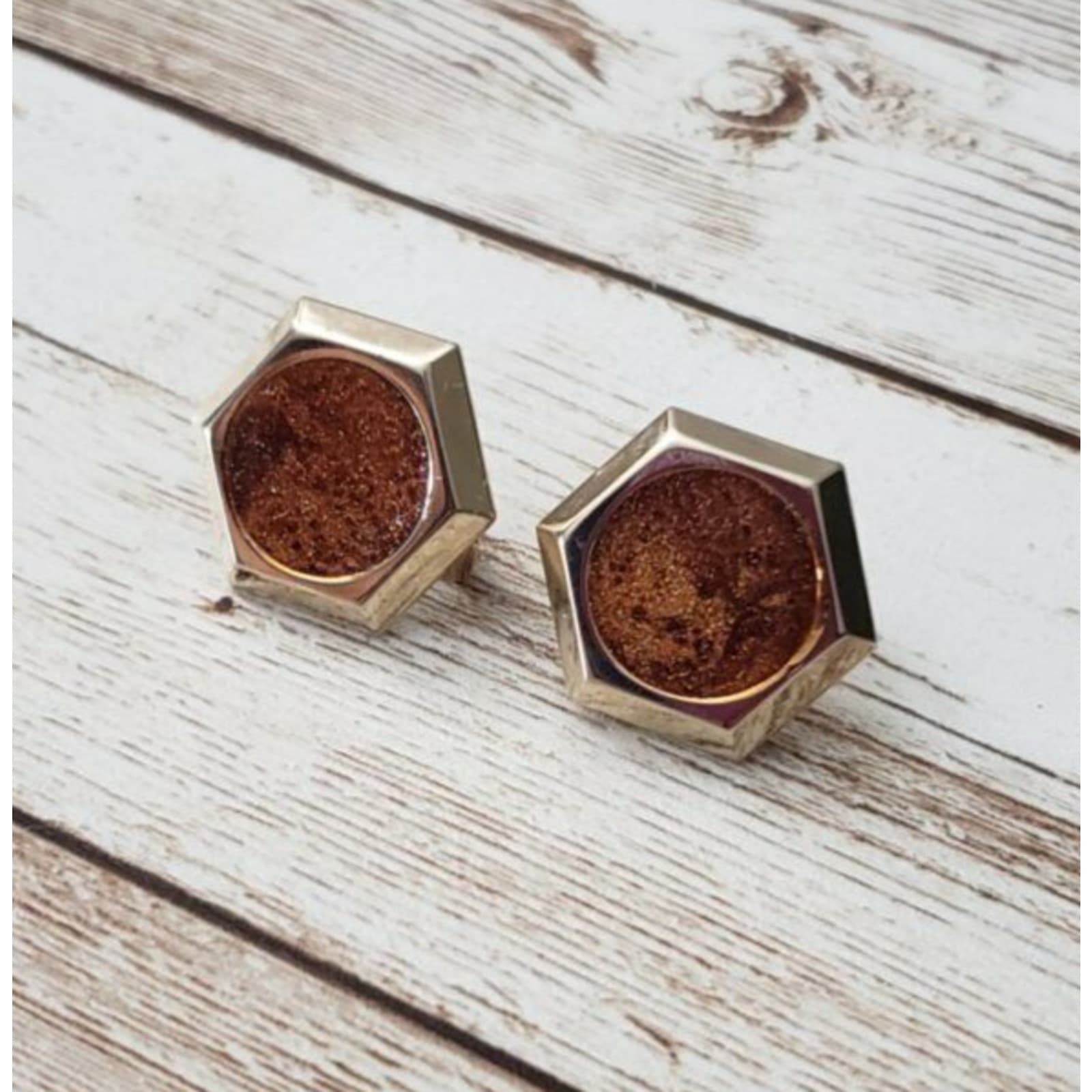 Vintage Clip On Earrings Hexagon Shape with Copper Tones Center