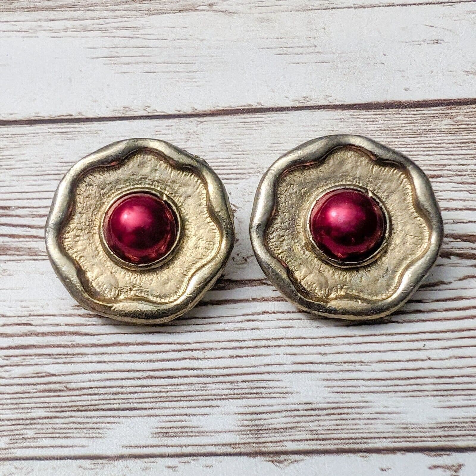 Vintage Clip On Earrings - 1" Gold Tone Wavy with Red Center