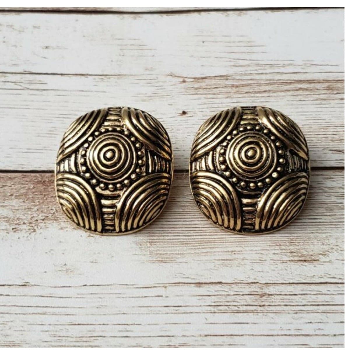 Vintage Clip On Earrings - Gold Tone Patterned Stunning Statement