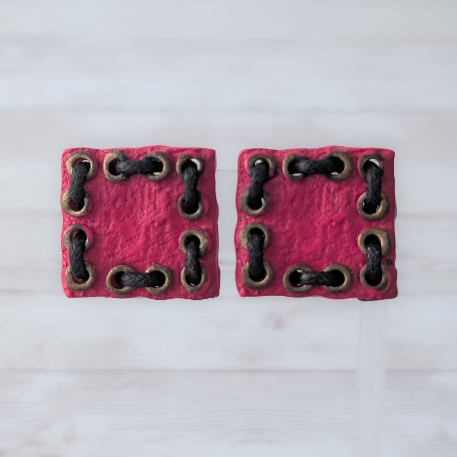 Vintage Clip On Earrings Large Statement Pink Square with Dark Brown Cord
