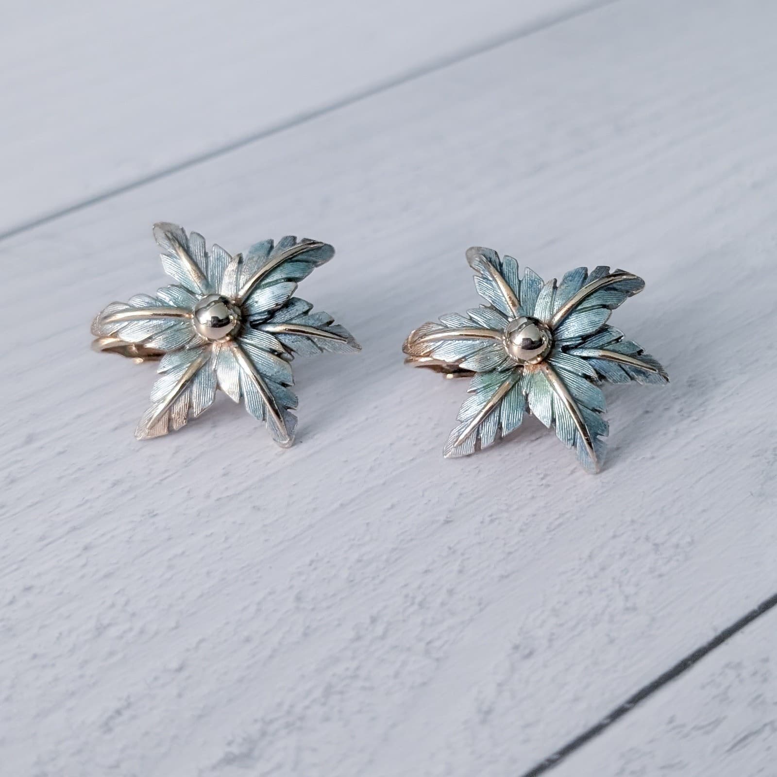 Vintage Clip On Earrings Turquoise Tone & Gold Tone Statement Large Flower