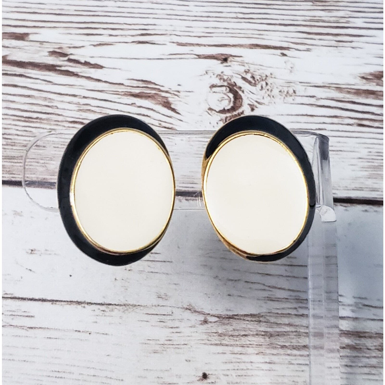 Vintage Clip On Earrings Cream & Black Oval 1 & 1/8" Statement
