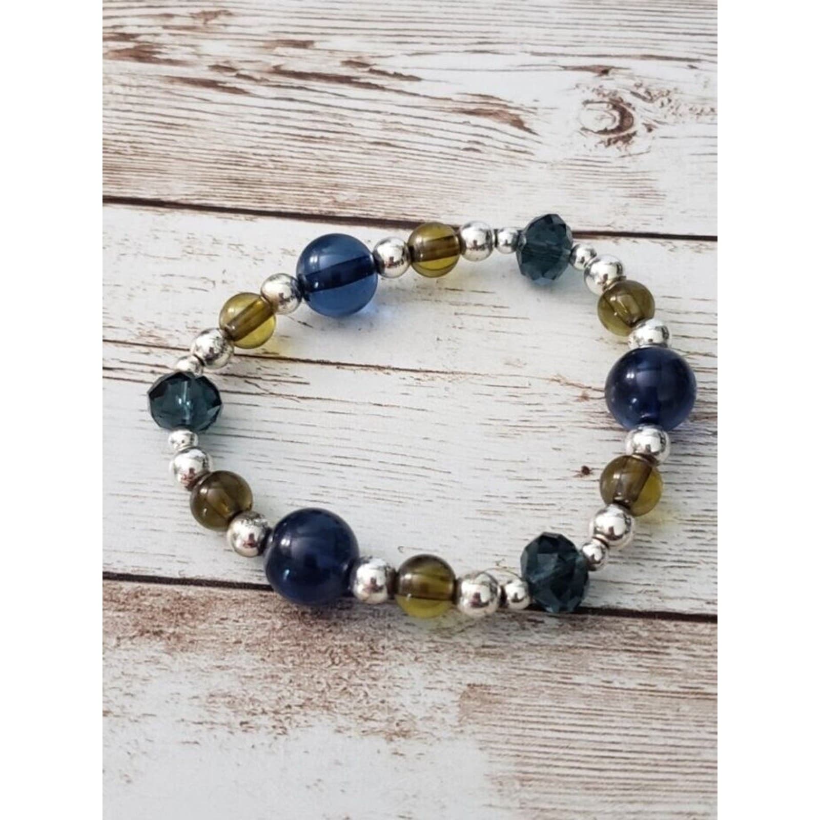 Vintage Stretch Bracelet - Olive Green, Dark Blue, Silver Tone