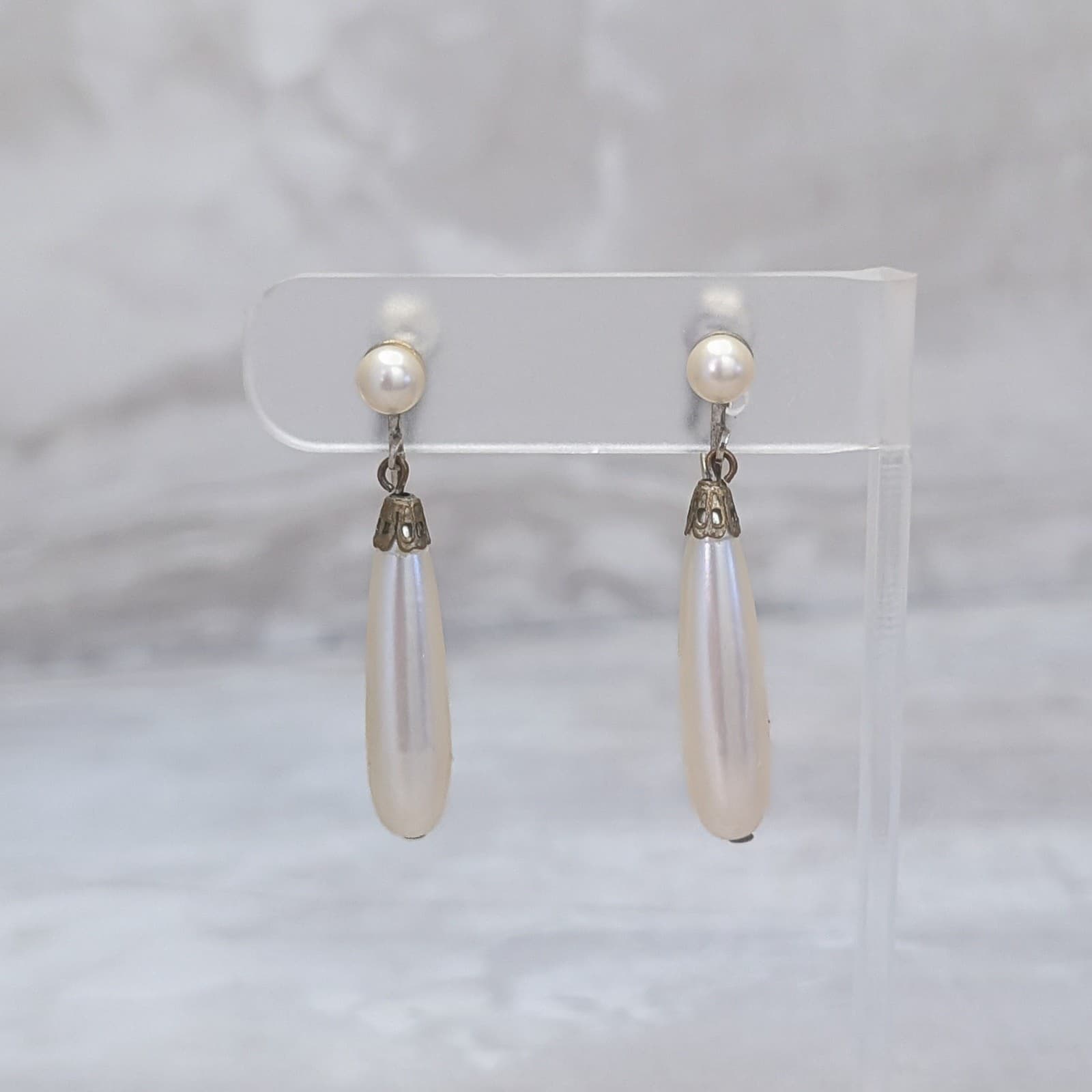Vintage Clip On Earrings Faux Pearl Teardrop Earrings Large Dangle