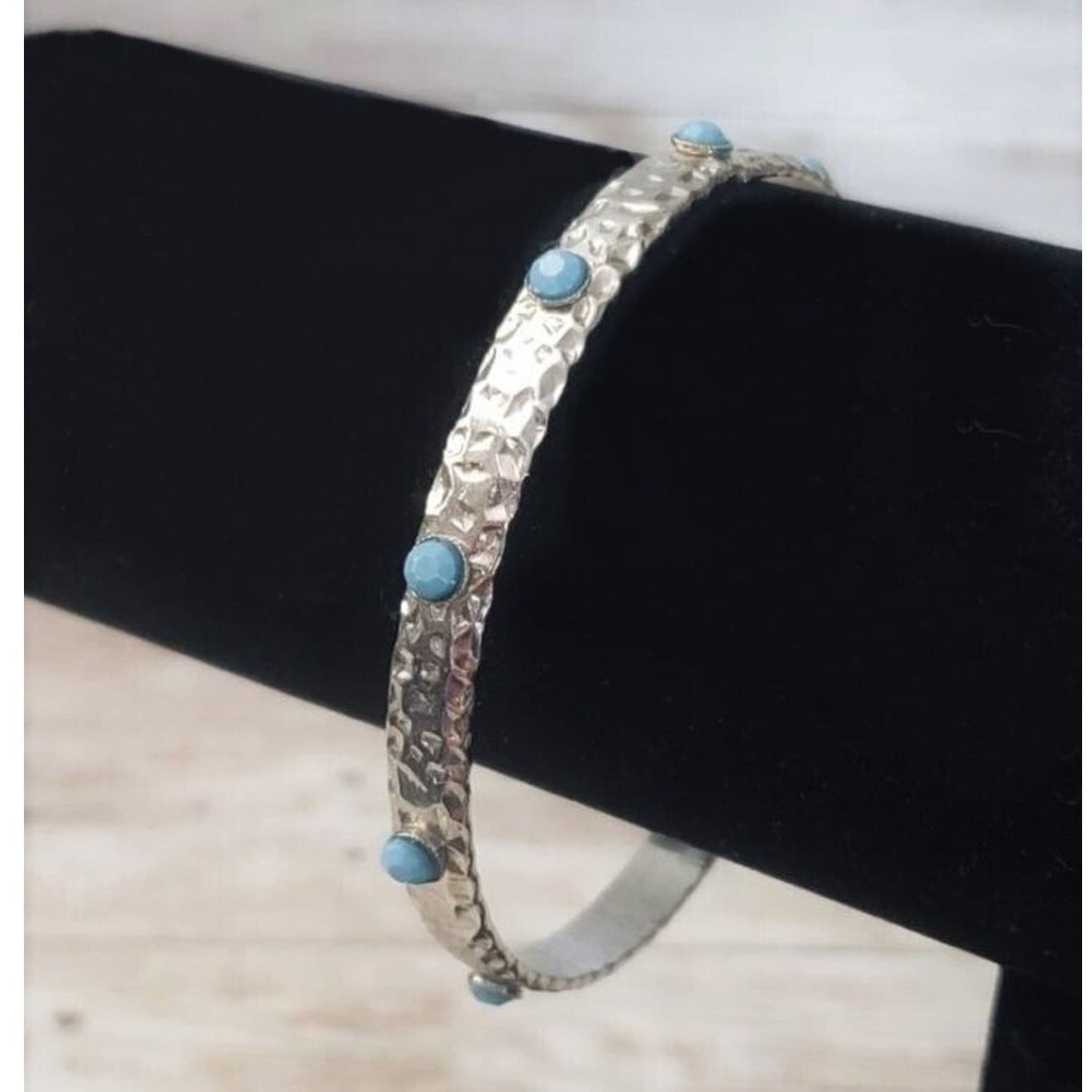 Vintage Bracelet / Bangle Hammered Silver Tone with Turquoise Tone Detail