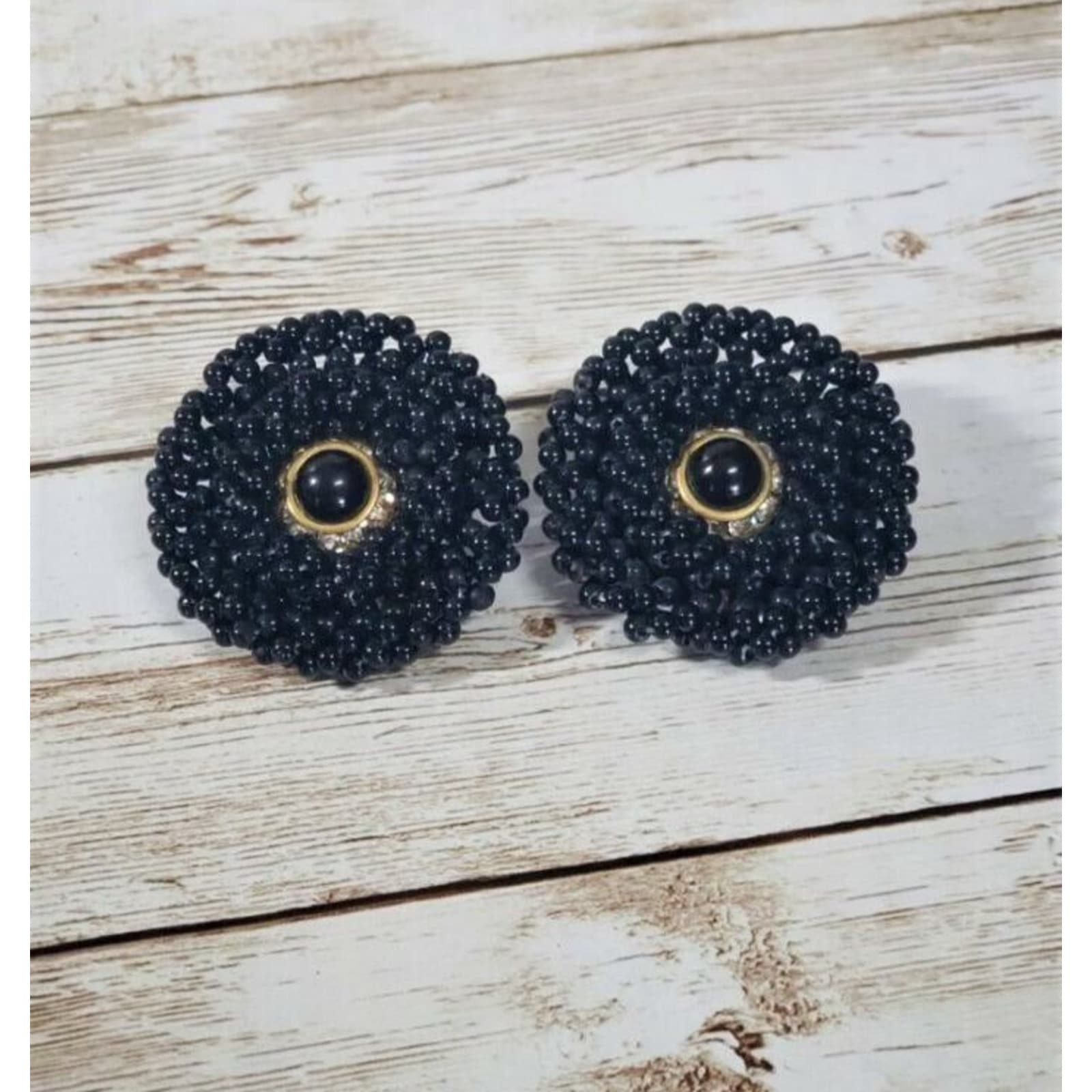 Vintage Clip On Earrings Black Large Beaded Circle Statement 1.5"