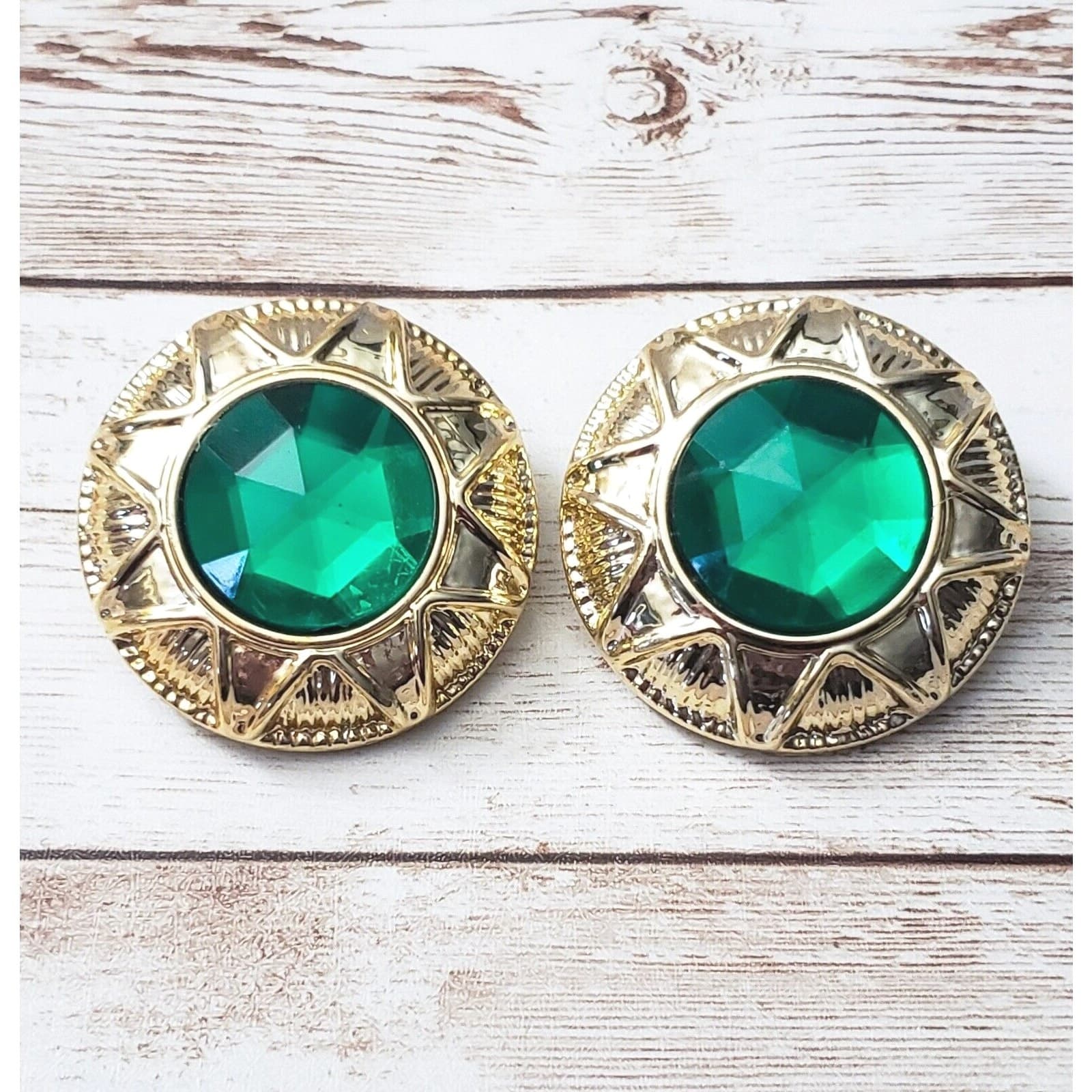 Vintage Clip On Earrings - Large Ornate Gold Tone Halo Faceted Green Statement