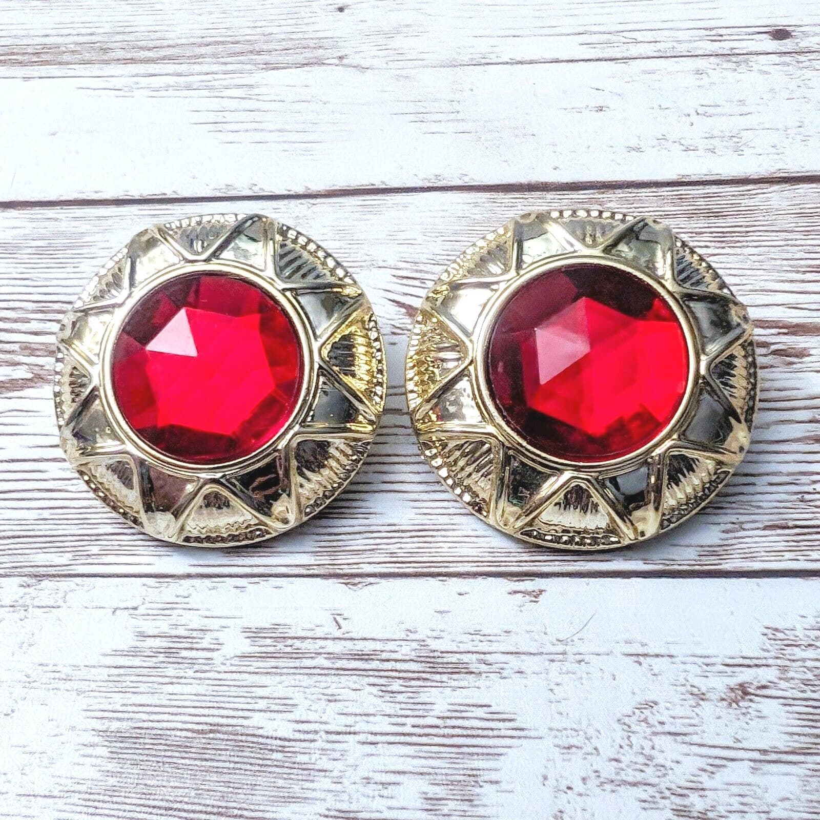 Vintage Clip On Earrings - Large Red with Ornate Gold Tone Statement - 1 & 5/8"