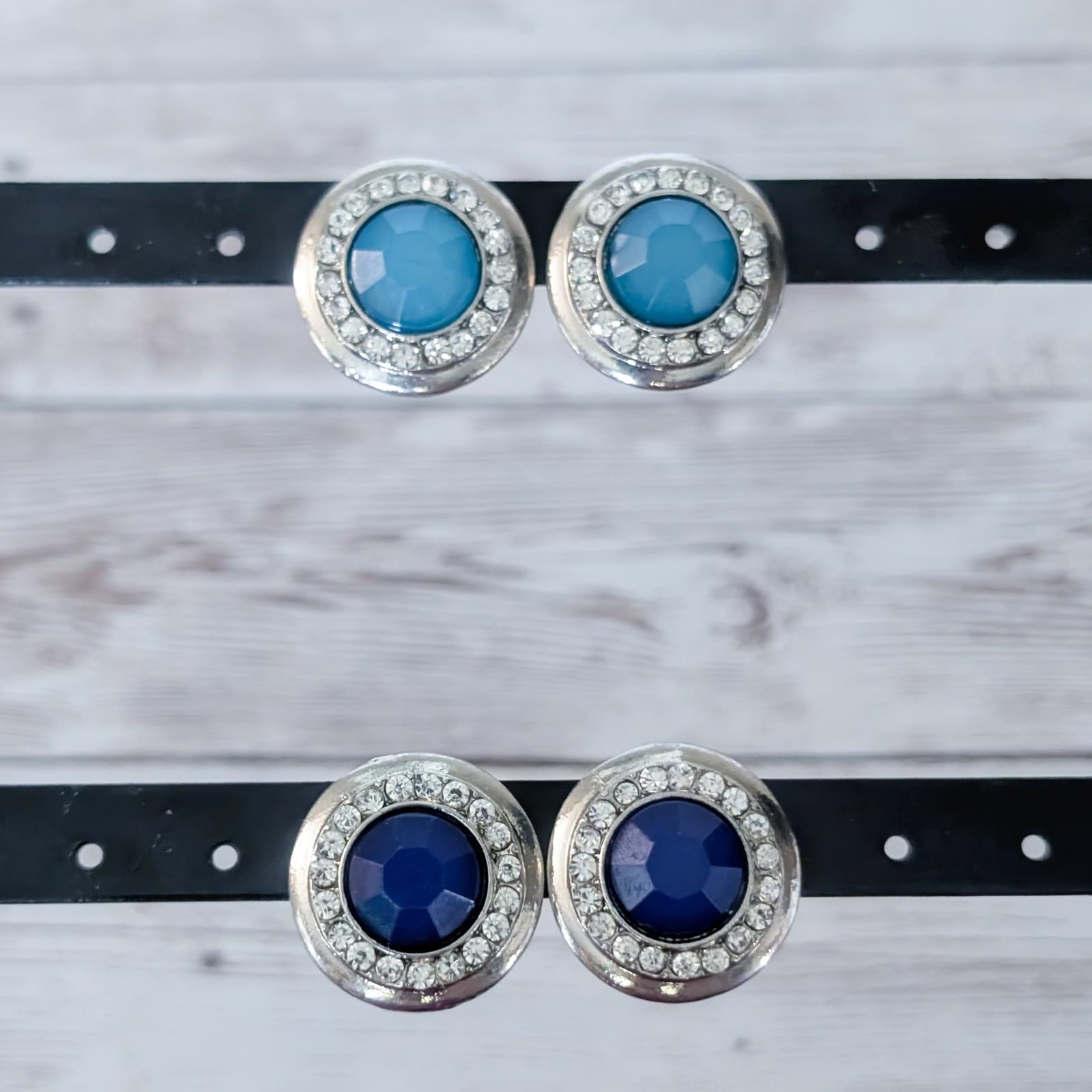 2 Pairs of Vintage Clip On Earrings - Blue & Silver Tone with Clear Gems