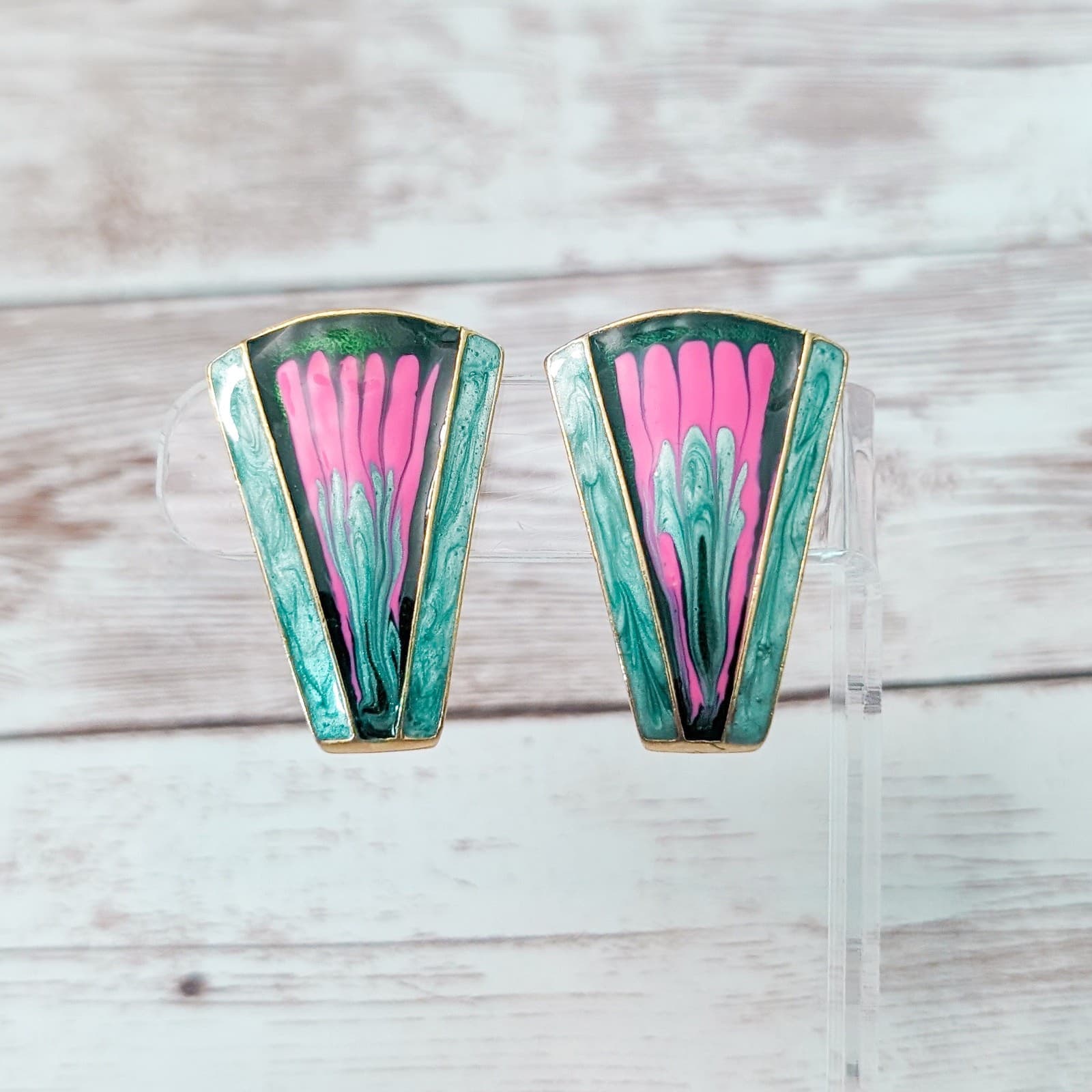 Vintage Clip On Earrings - Large Retro Statement Pink & Green
