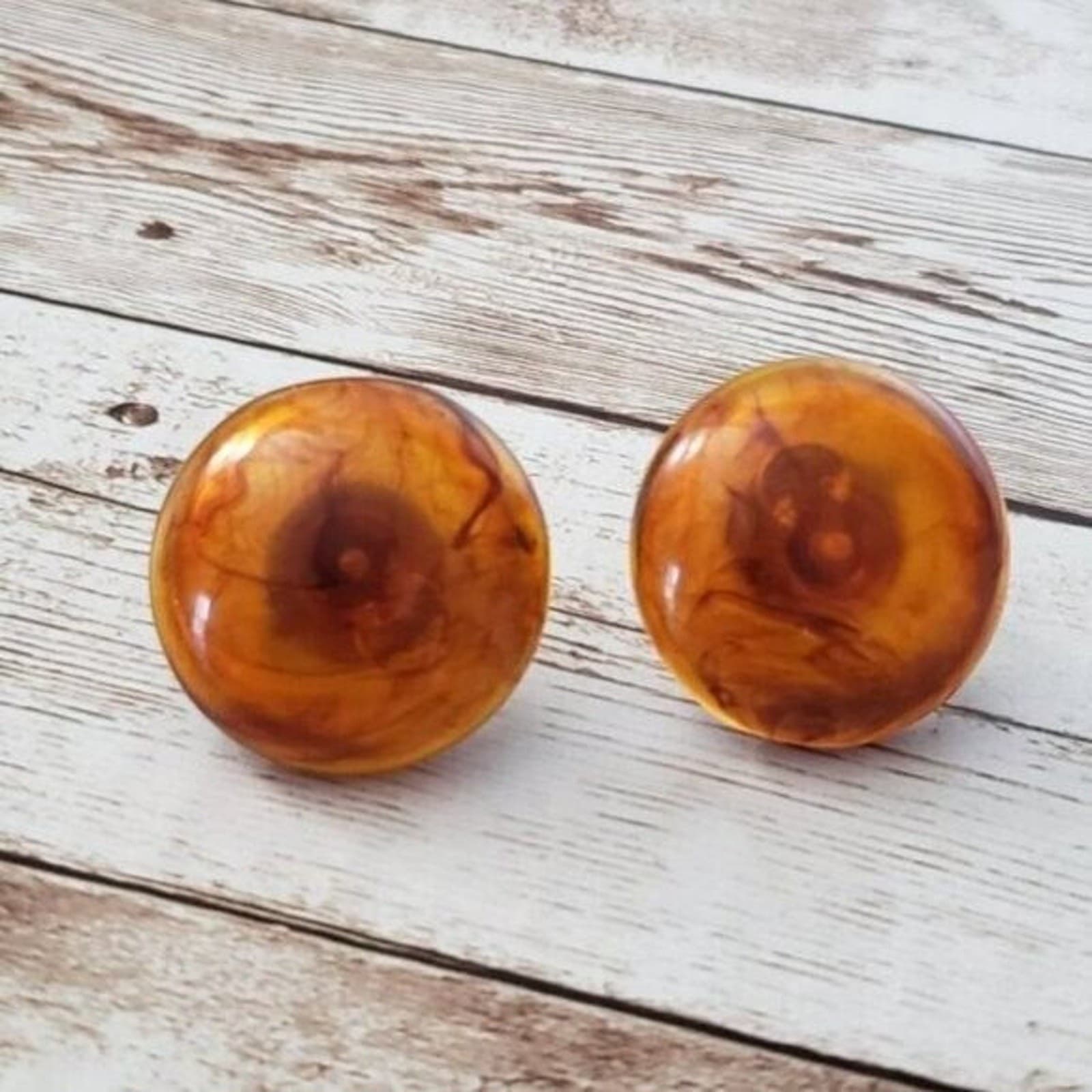 Vintage Screw On Earrings Very Unusual Statement Amber Tone Circle