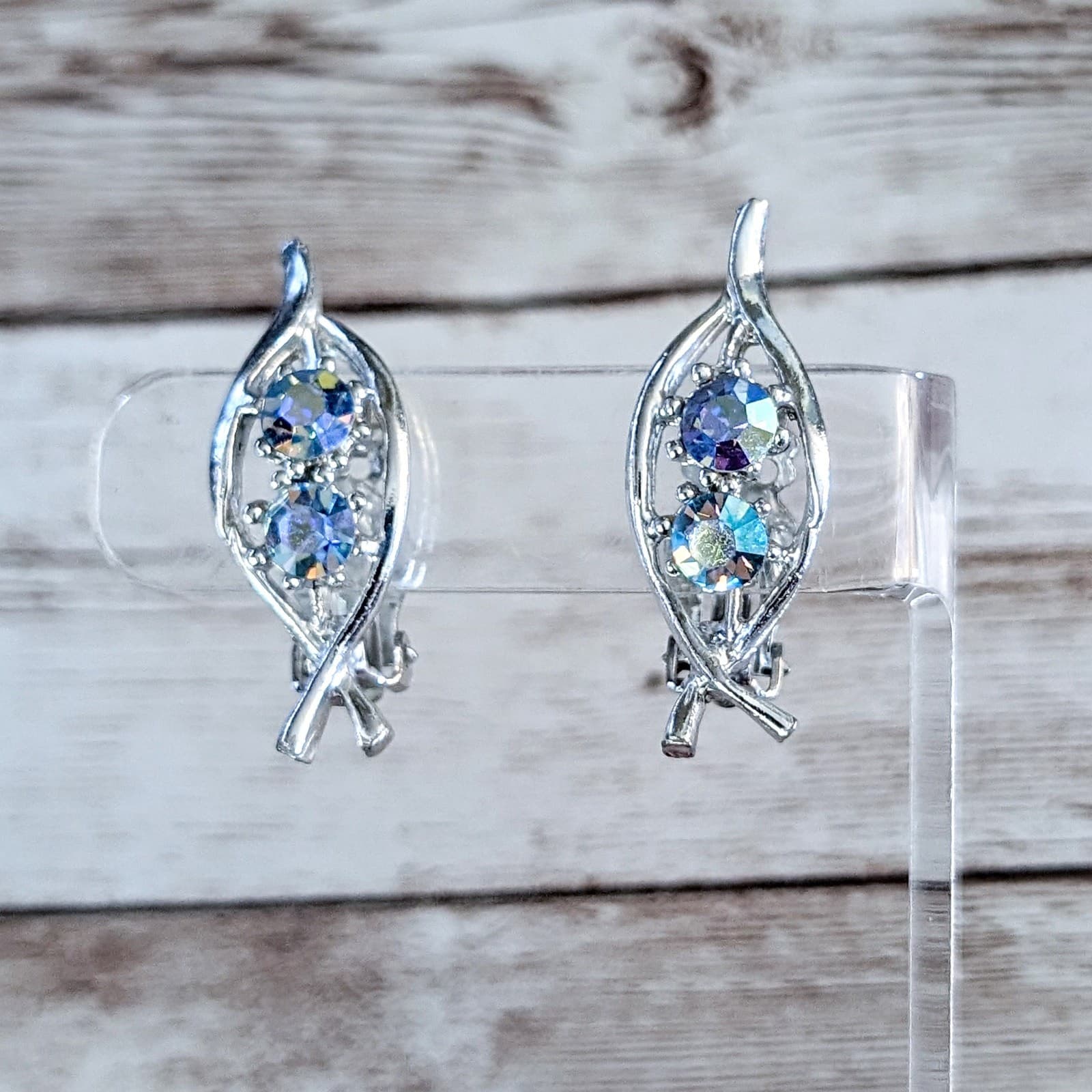 Vintage Clip On Earrings - Silver Tone & Iridescent Blue -1.25"