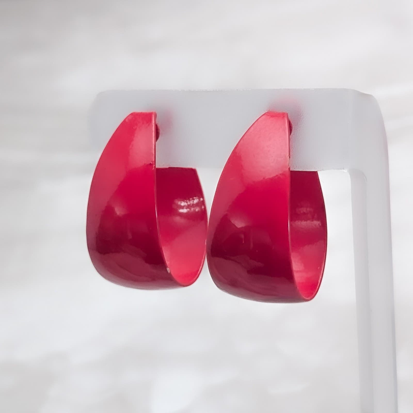 Vintage Clip On Earrings 1 & 1/8" Elongated Red Hoops Retro - Small Chips