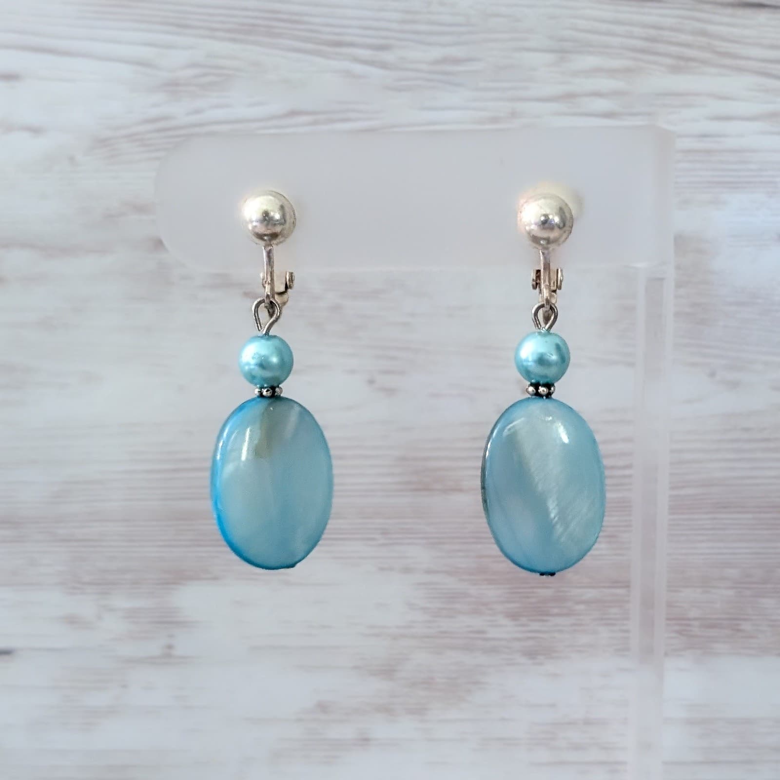 Vintage Clip On Earrings Light Blue Dangle Earrings