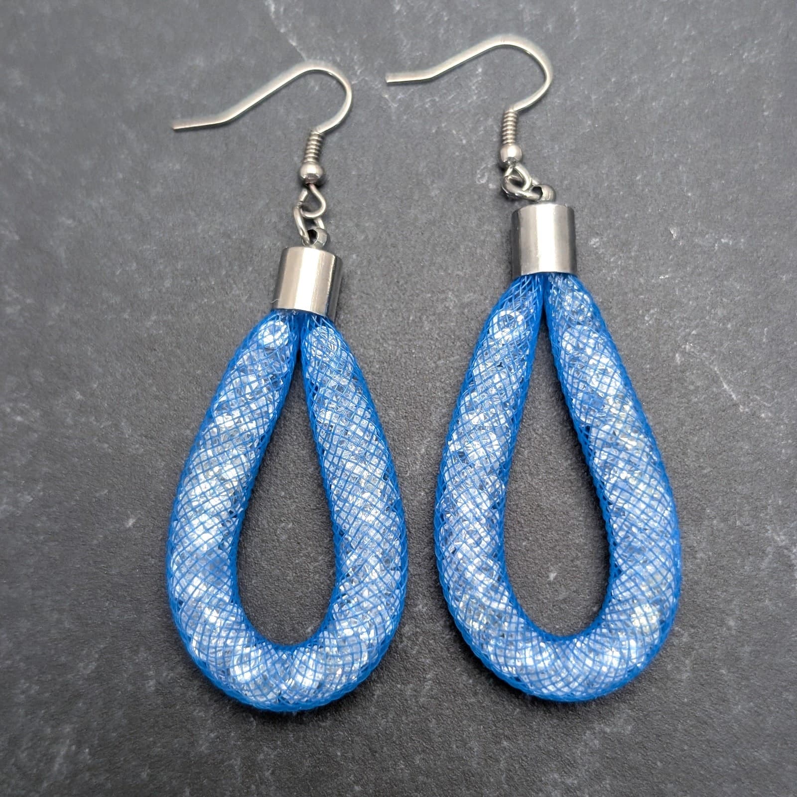 Blue Mesh with Clear Beads & Silver Tone Statement Drop Dangle Earrings