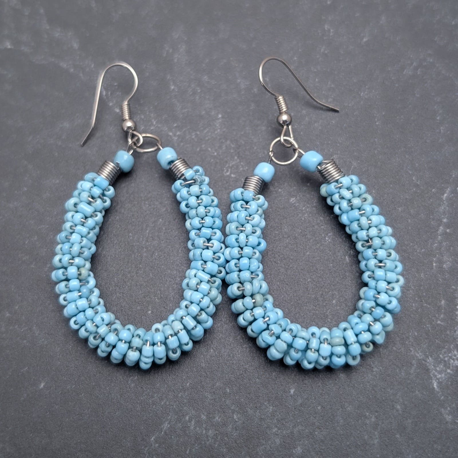 Vintage Dangle Earrings Light Blue Beaded Drop Dangle Large Statement Earrings