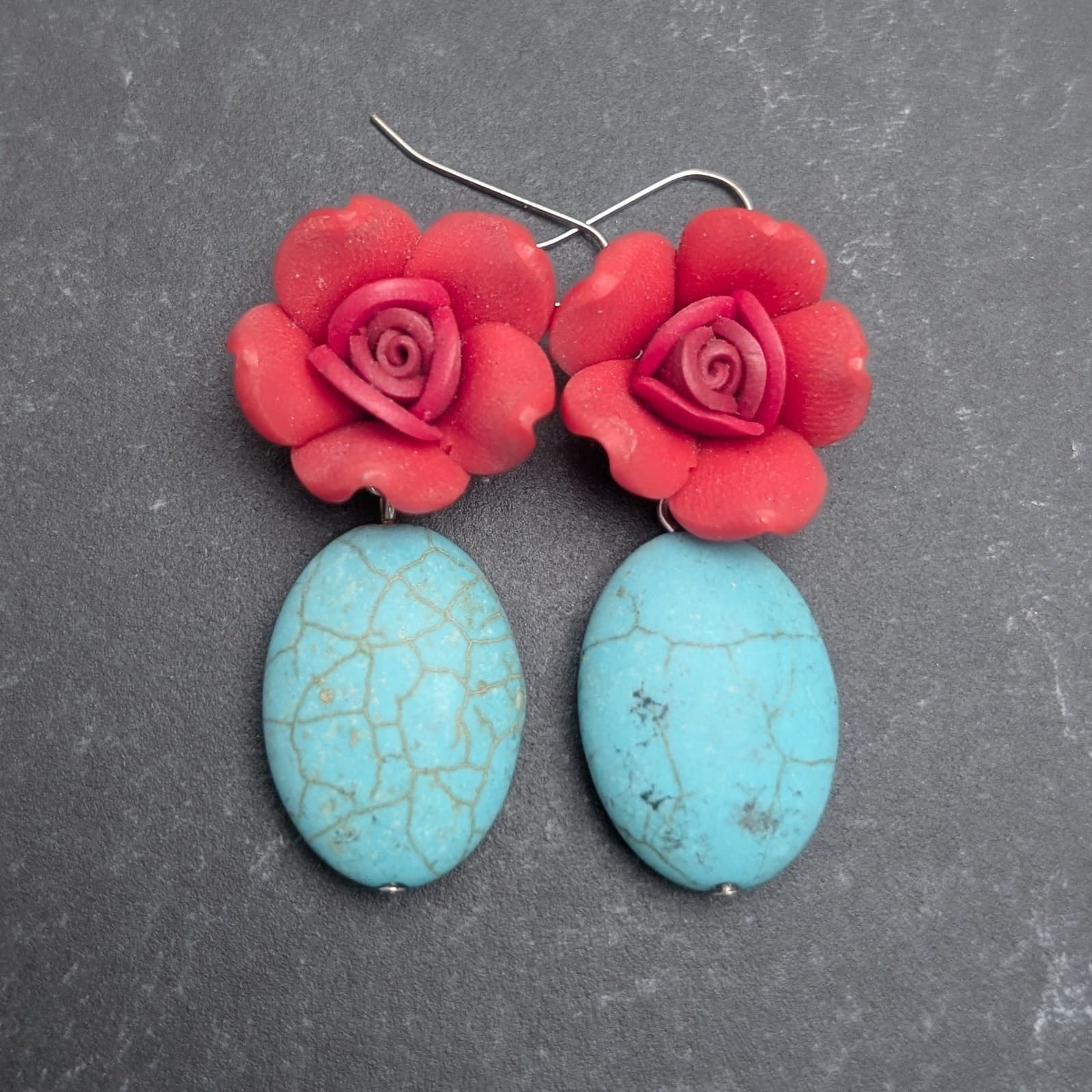 Vintage Dangle Earrings Red Flower and Turquoise Tone Drop Large Statement