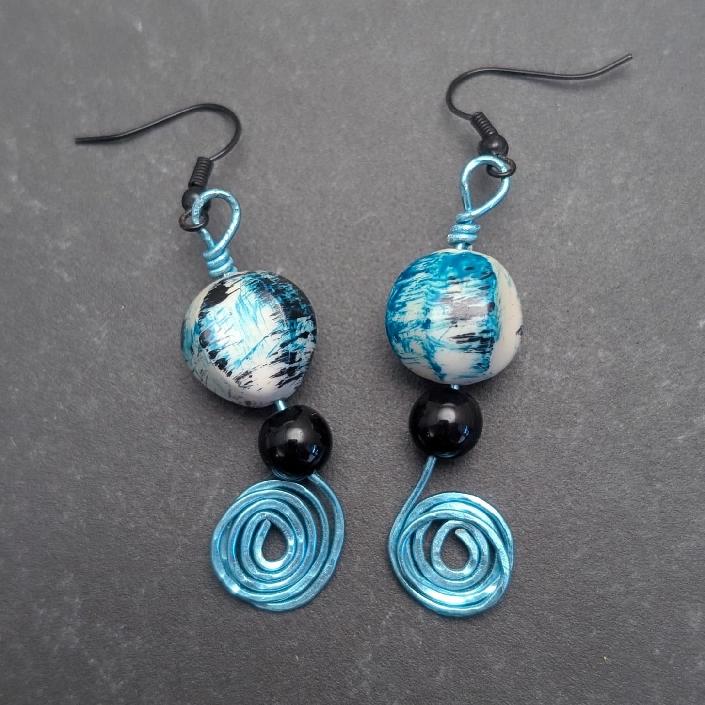 Vintage Dangle Earrings Long & Unusual Blue Tones with Swirl 2.75" Statement