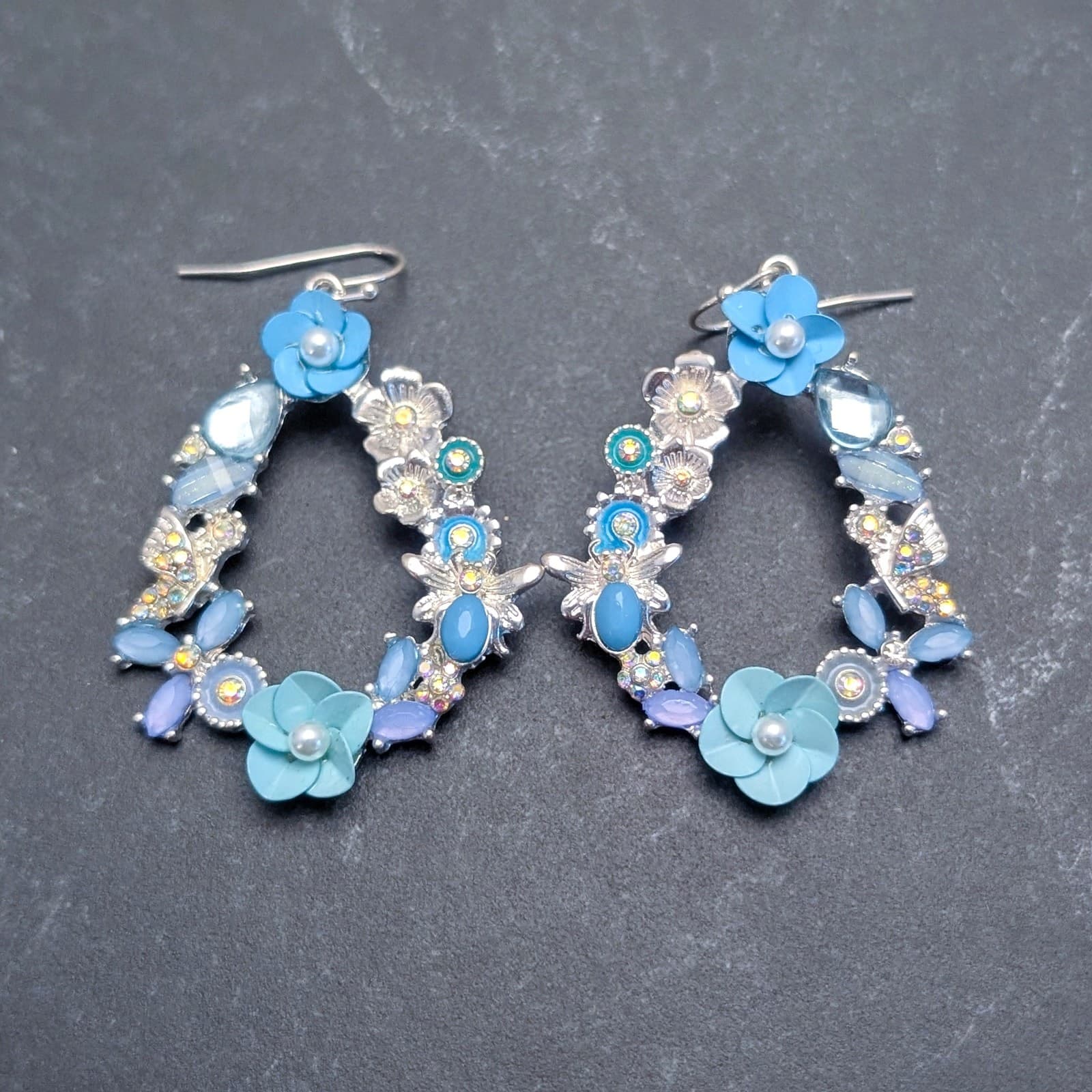 Whimsical Dangle Earrings - Blue & Silver Tone Flowers Floral Large
