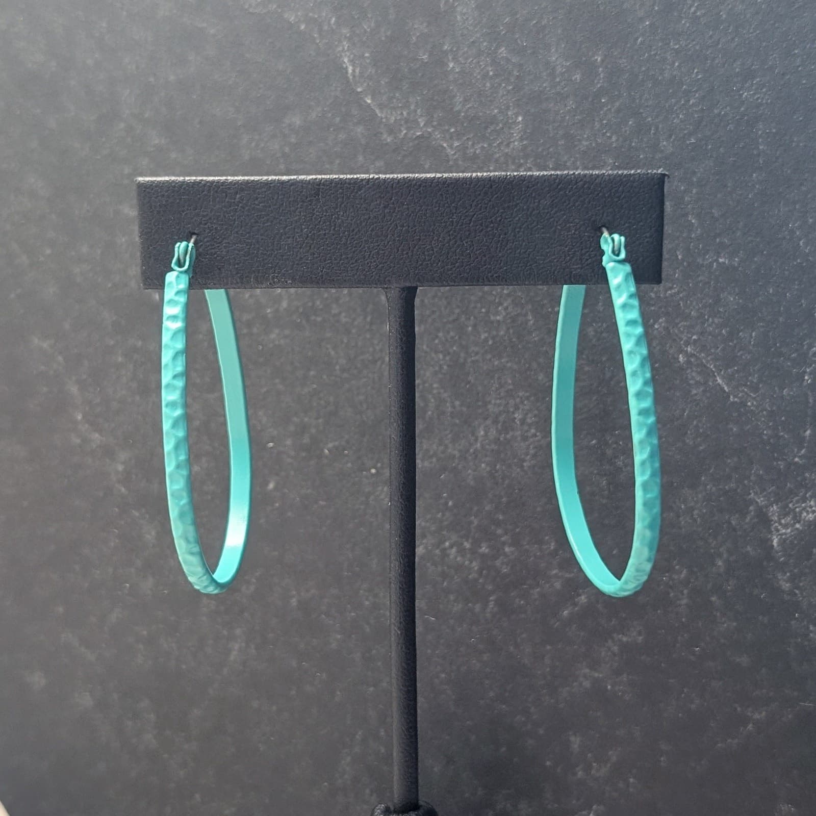 Vintage Earrings Pierced Ears Elongated Hoop Turquoise Tone Hammered 1 & 7/8"