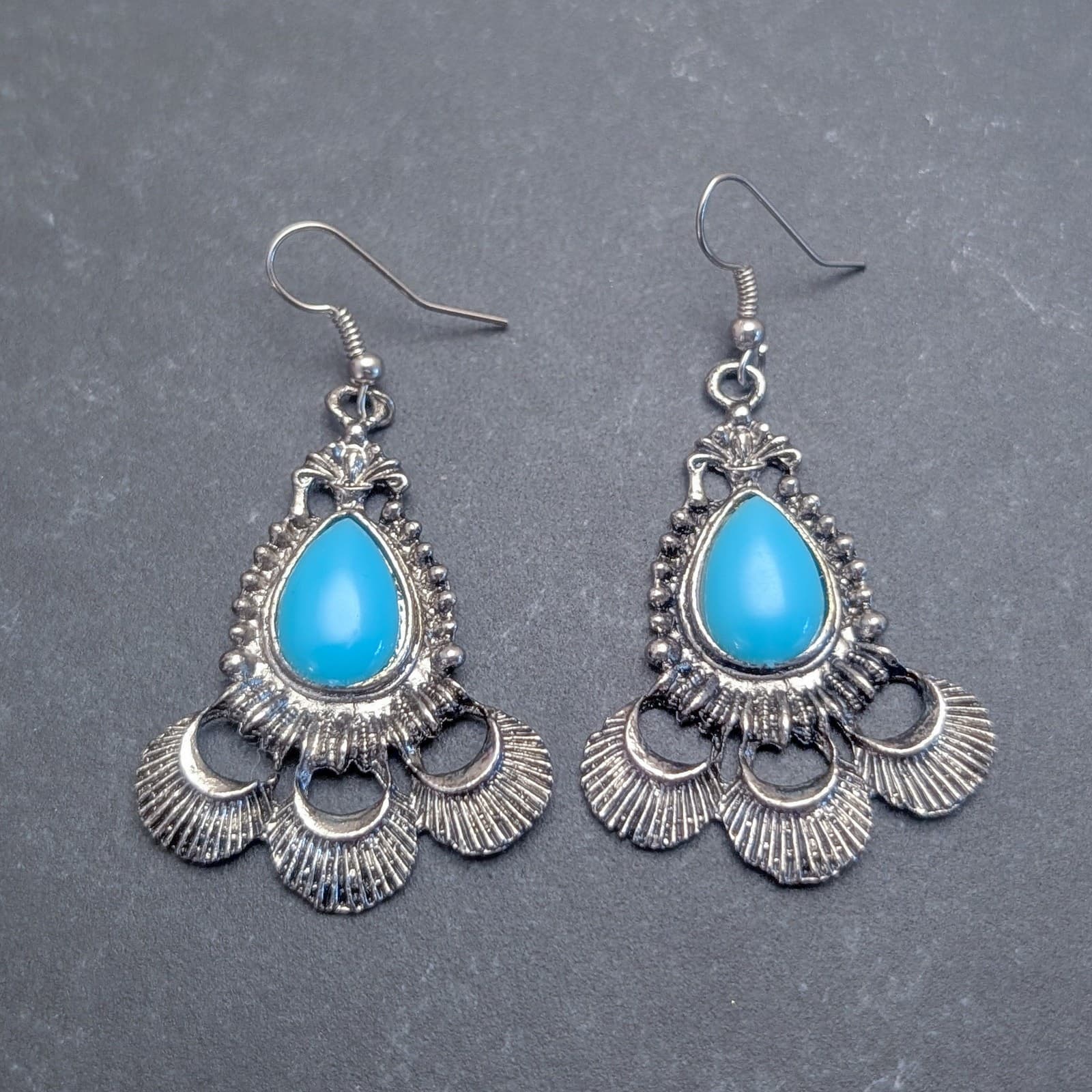 Vintage Dangle Earrings Silver Tone and Light Blue Drop Large Statement